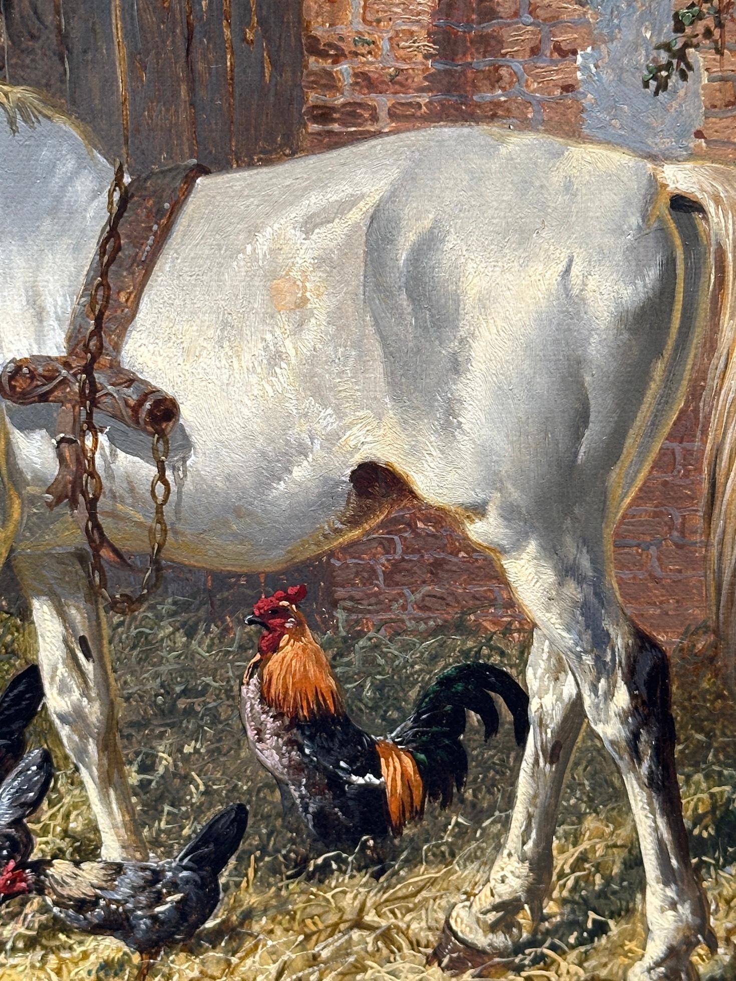 Corral inglés del siglo XIX, gallinas, caballo, burro y cabras en un paisaje en venta 9