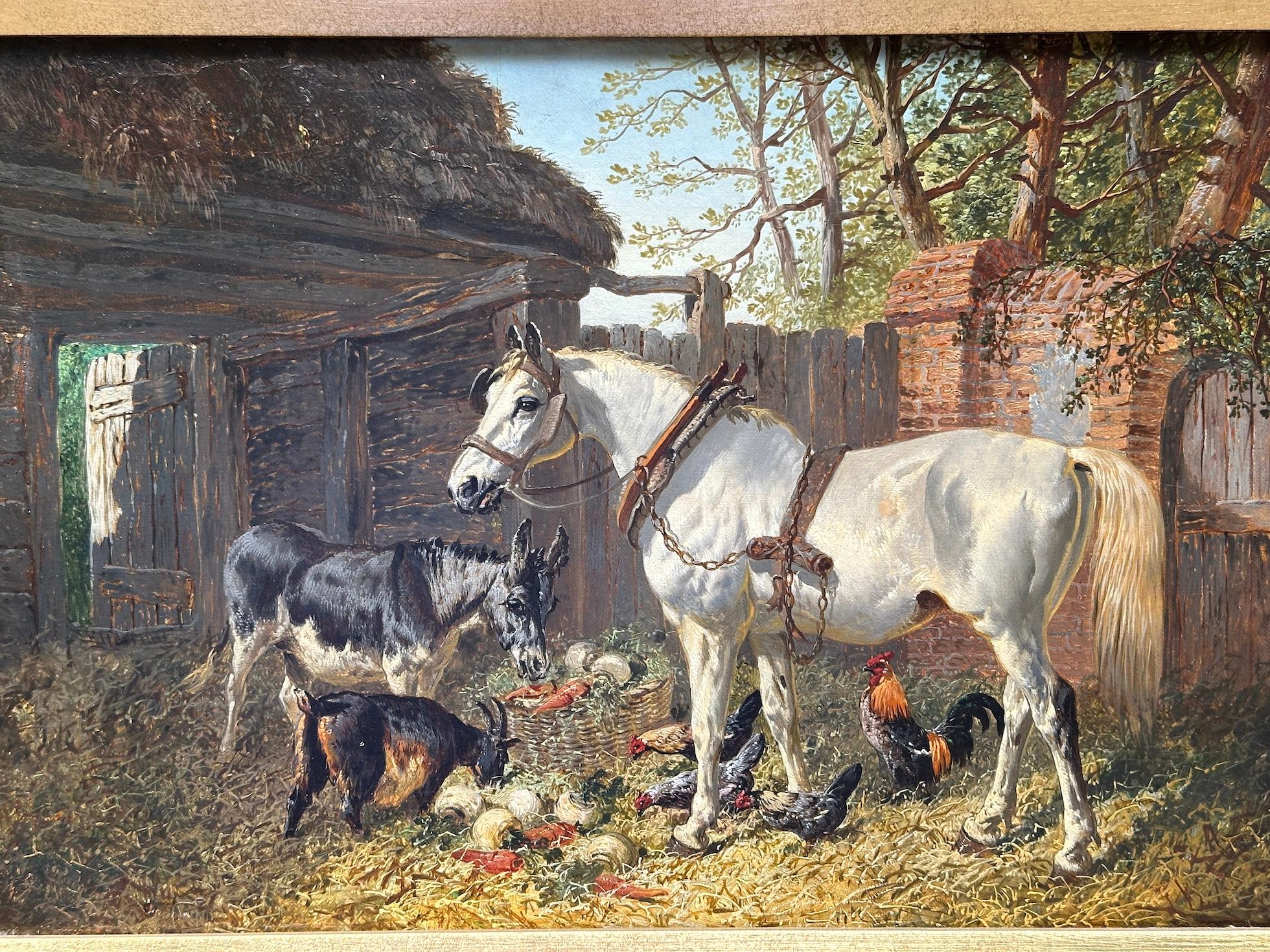 Corral inglés del siglo XIX, gallinas, caballo, burro y cabras en un paisaje en venta 10