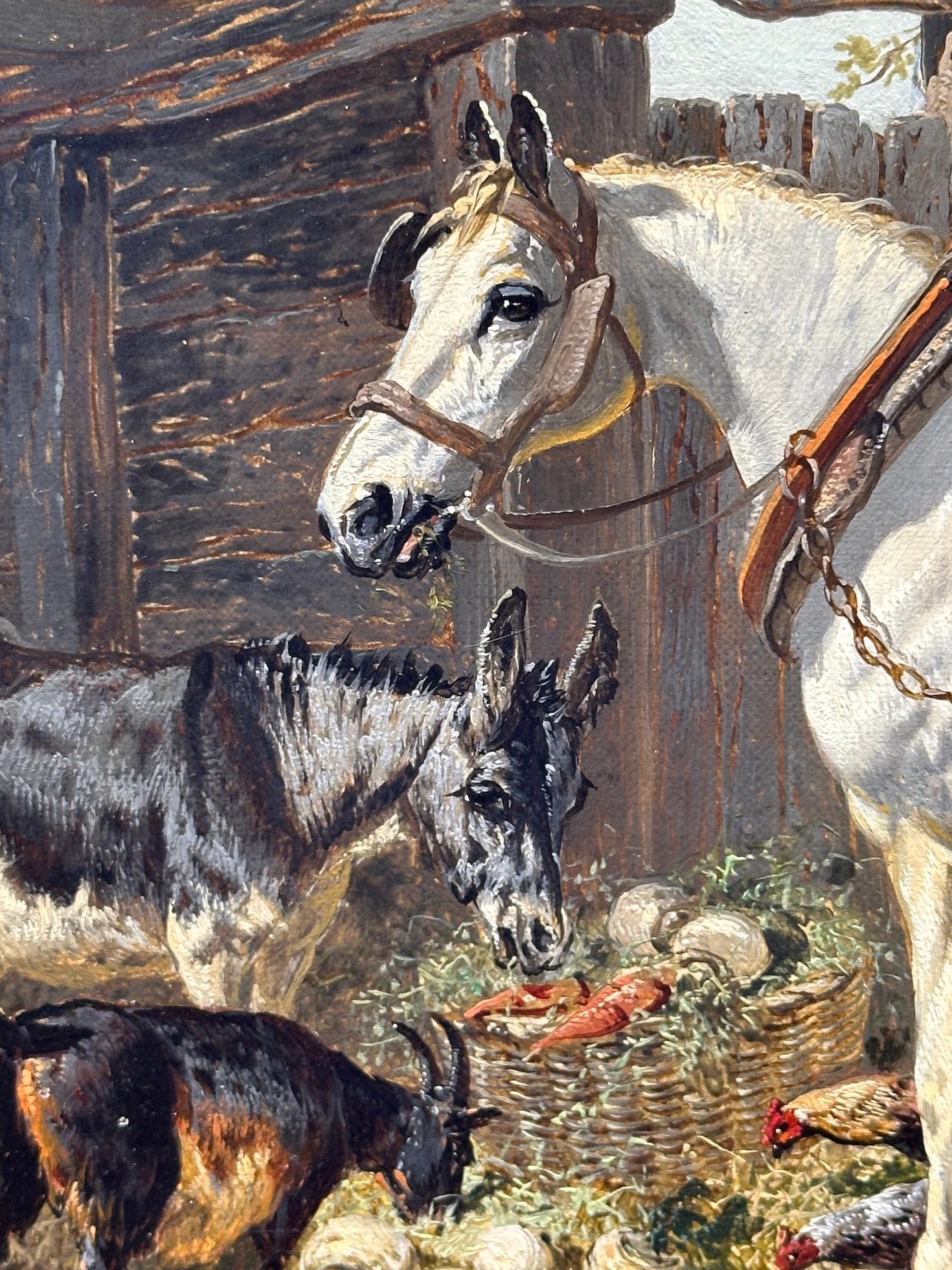 Corral inglés del siglo XIX, gallinas, caballo, burro y cabras en un paisaje en venta 11