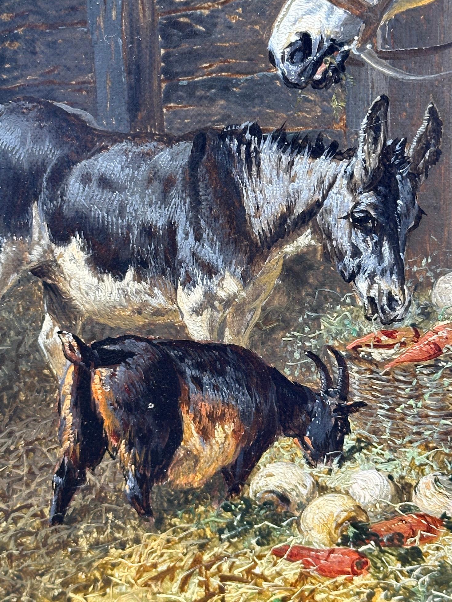 Corral inglés del siglo XIX, gallinas, caballo, burro y cabras en un paisaje en venta 12