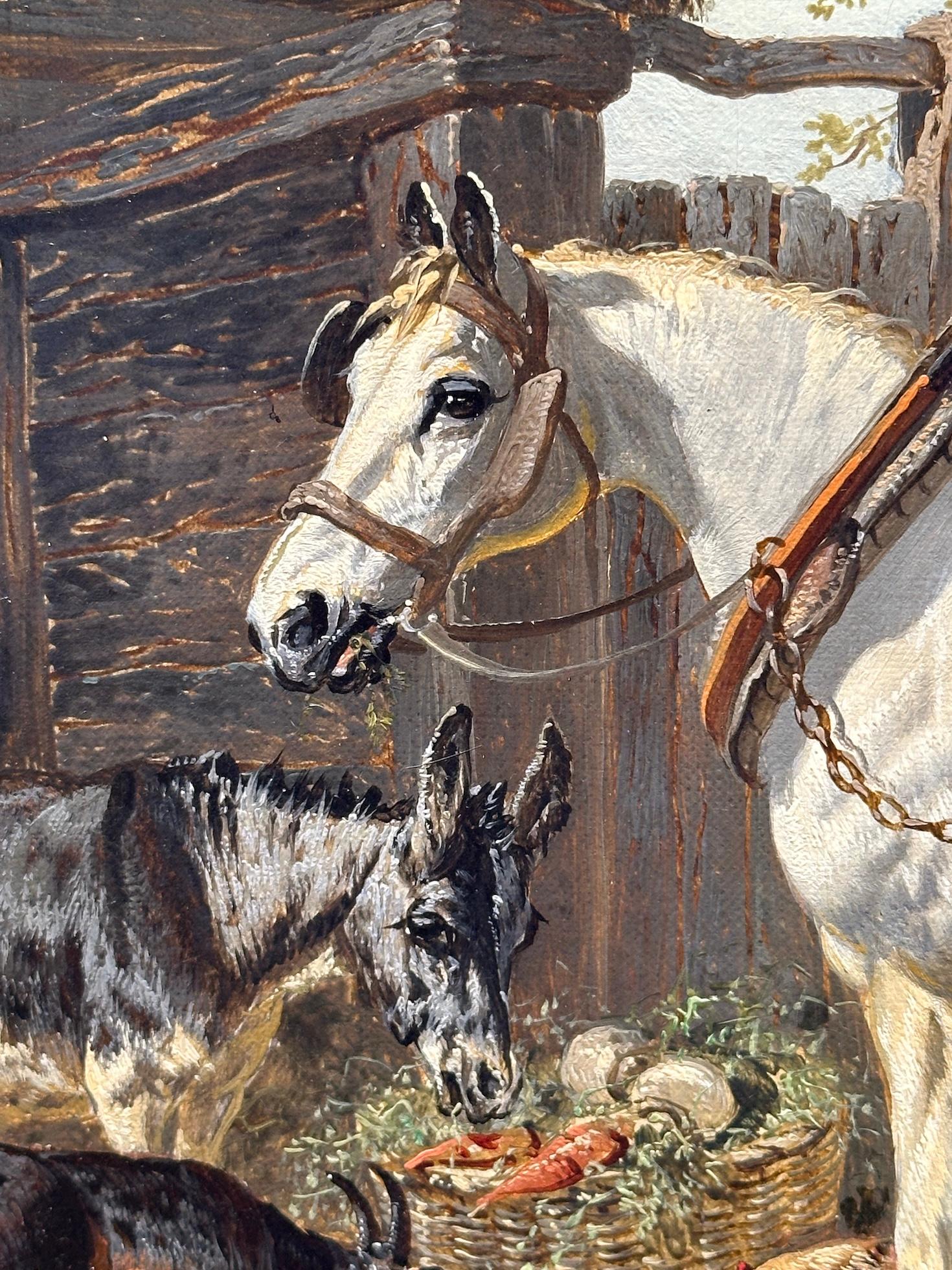 Corral inglés del siglo XIX, gallinas, caballo, burro y cabras en un paisaje - Painting de John Frederick Herring Jr.