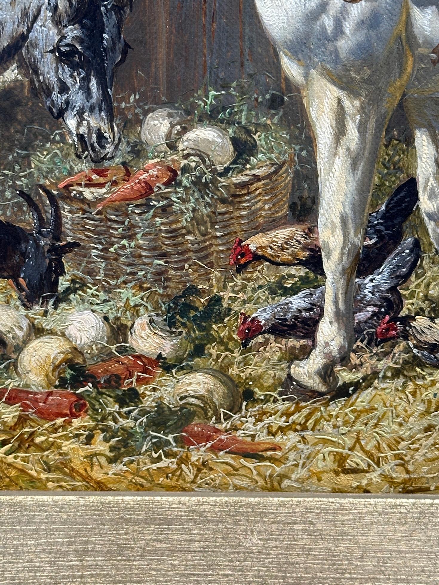 Corral inglés del siglo XIX, gallinas, caballo, burro y cabras en un paisaje - Animal Painting Marrón de John Frederick Herring Jr.