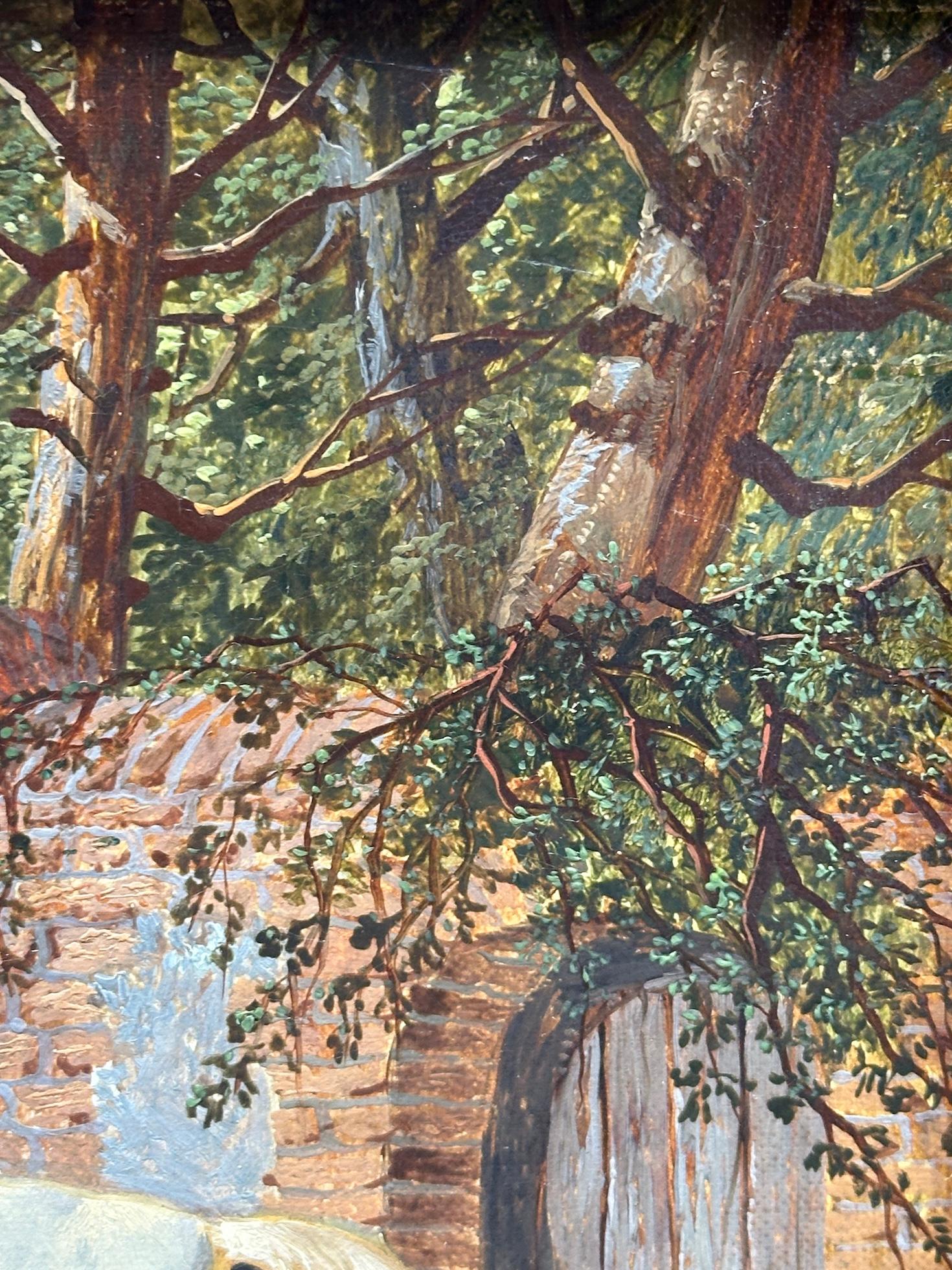 Corral inglés del siglo XIX, gallinas, caballo, burro y cabras en un paisaje en venta 1