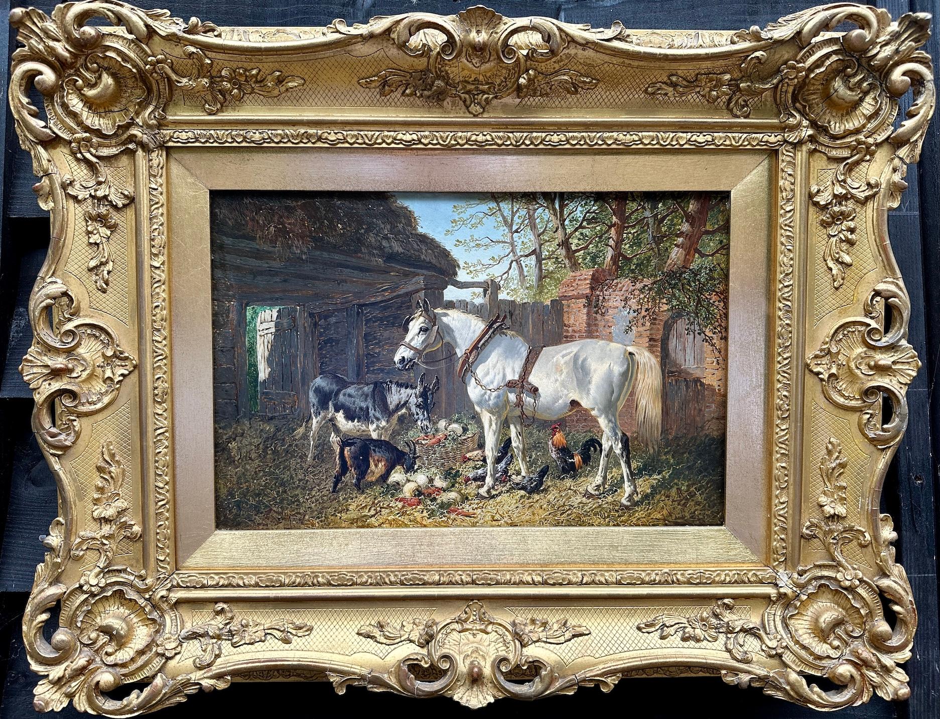 Corral inglés del siglo XIX, gallinas, caballo, burro y cabras en un paisaje