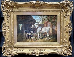 Cour de ferme anglaise du 19e siècle, poules, cheval, âne et chèvres dans un paysage