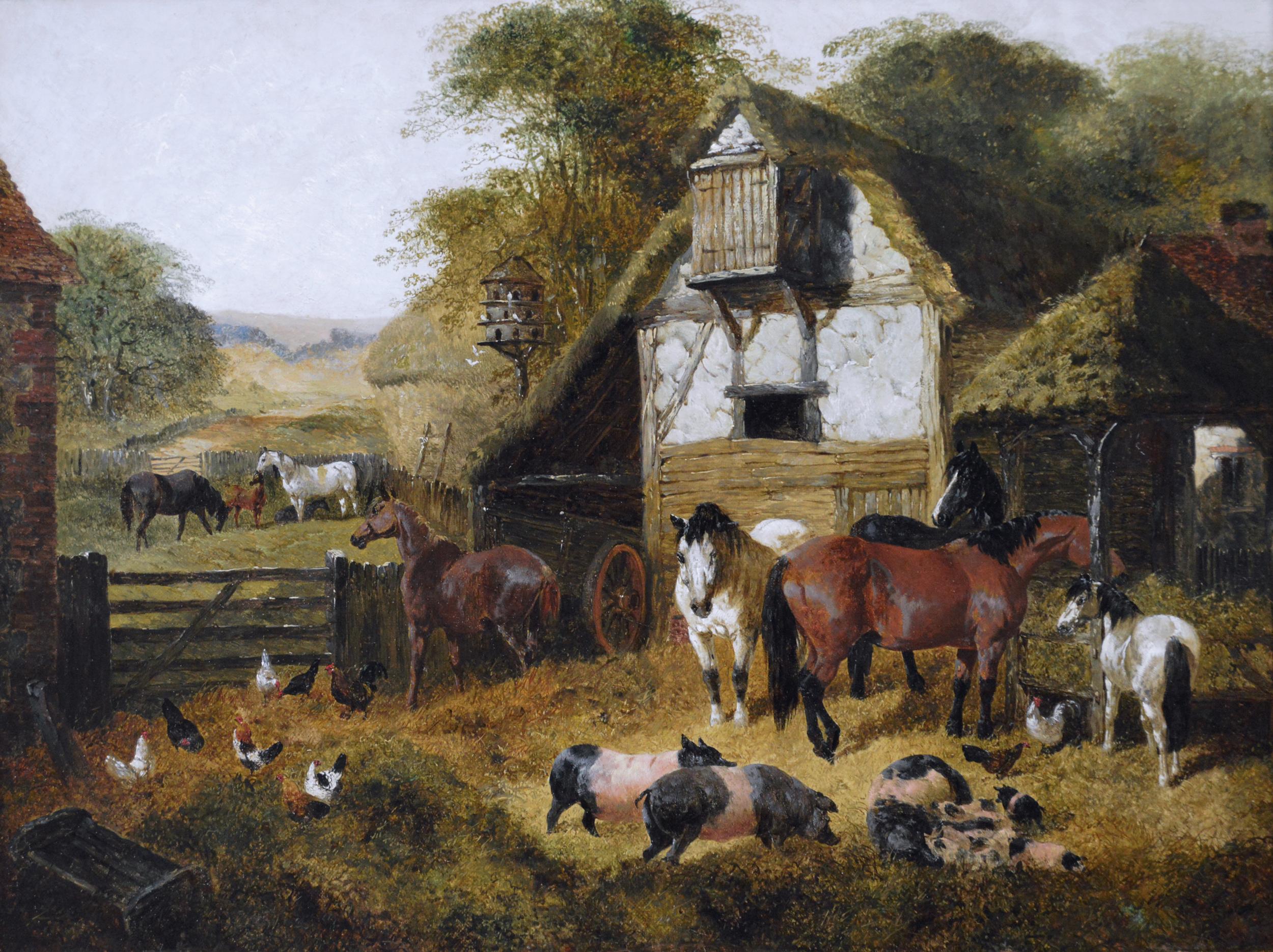 19th Century landscape animal oil painting of a farmyard with horses - Painting by John Frederick Herring Jr.