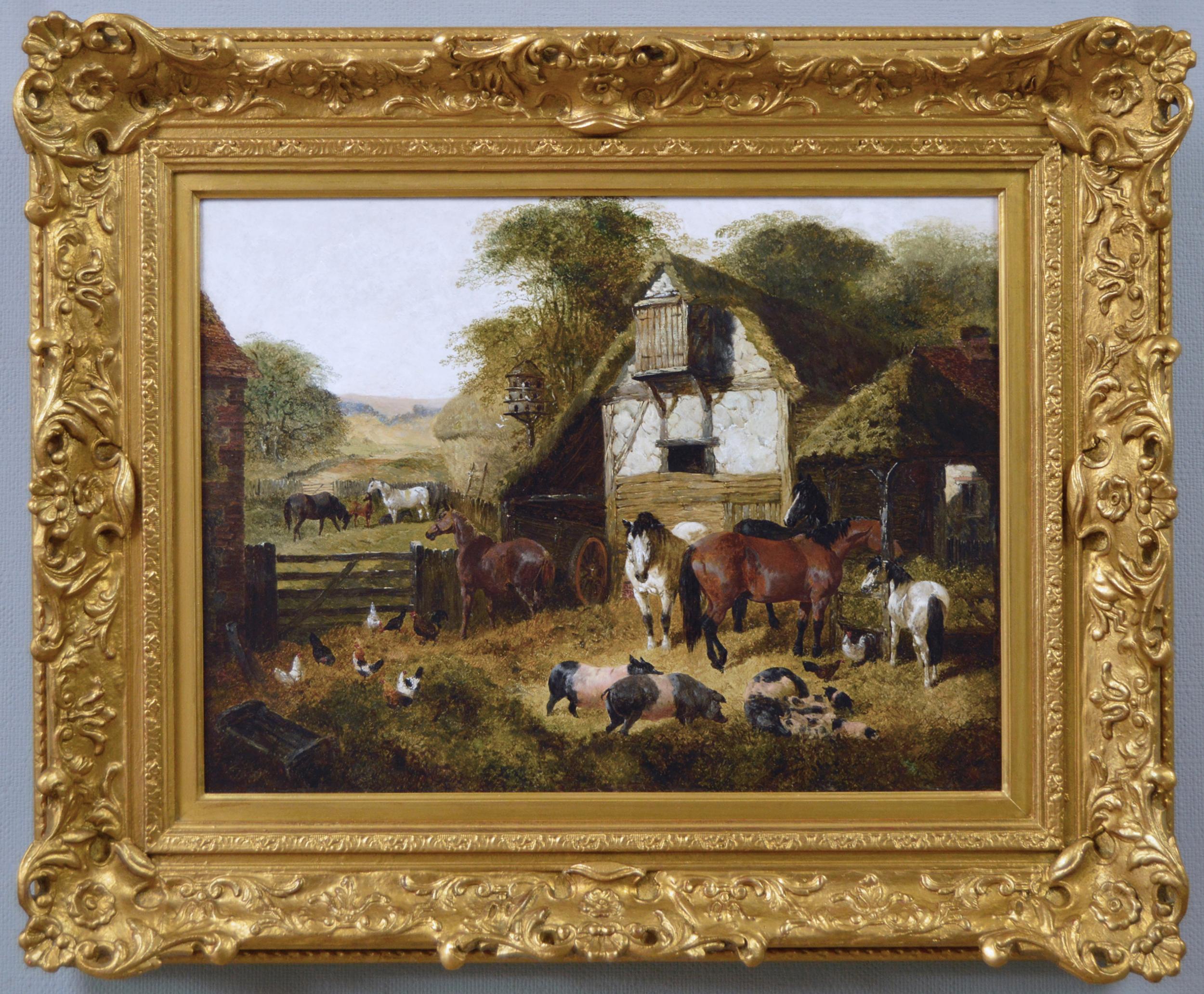 John Frederick Herring Jr. Landscape Painting - 19th Century landscape animal oil painting of a farmyard with horses