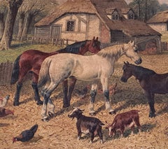19th century landscape farmyard scene horses oil painting John Frederick Herring