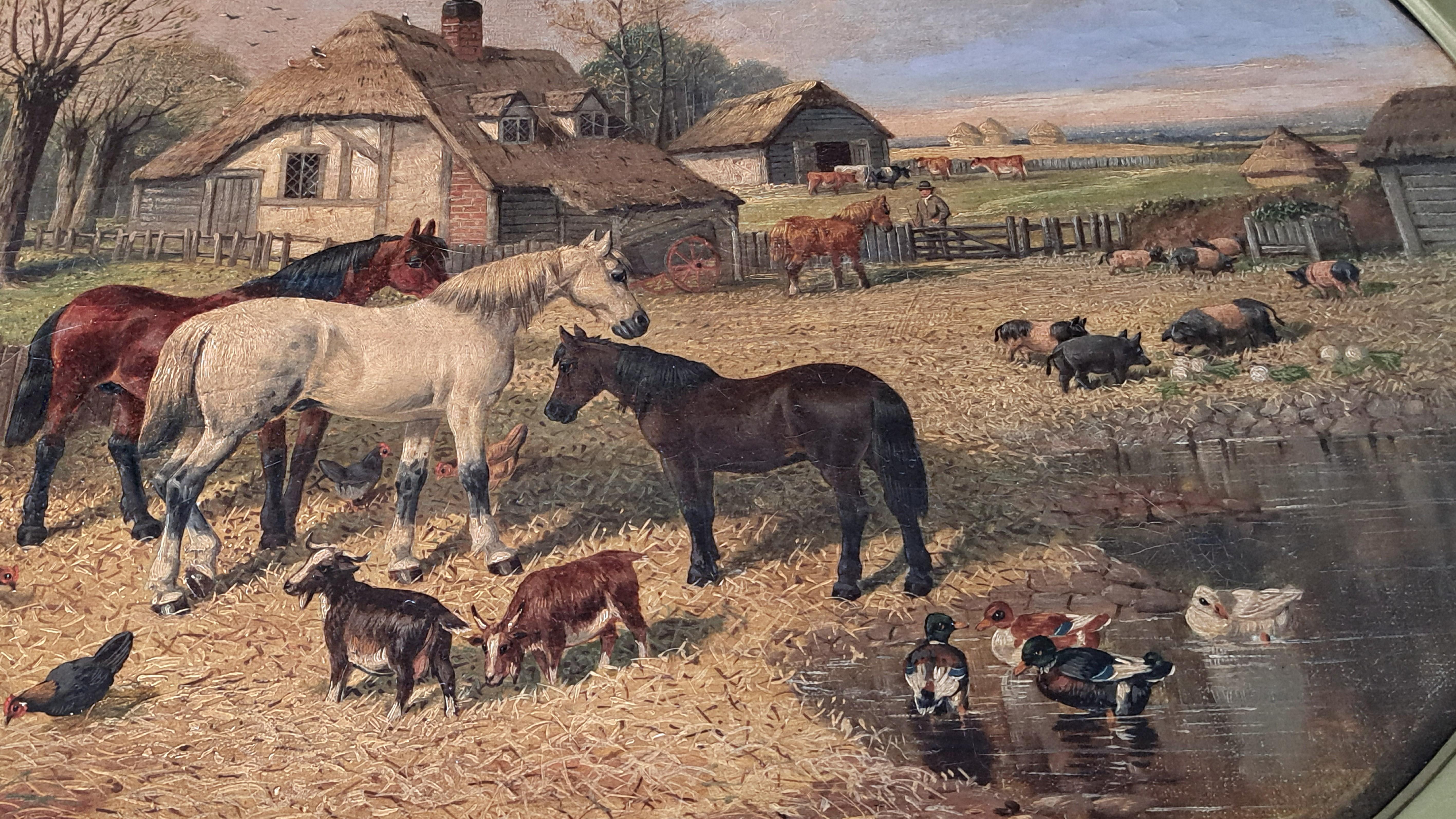 Paesaggio del XIX secolo scena di aia cavalli pittura ad olio John Frederick Herring - Animal Painting Marrone di John Frederick Herring Jr.