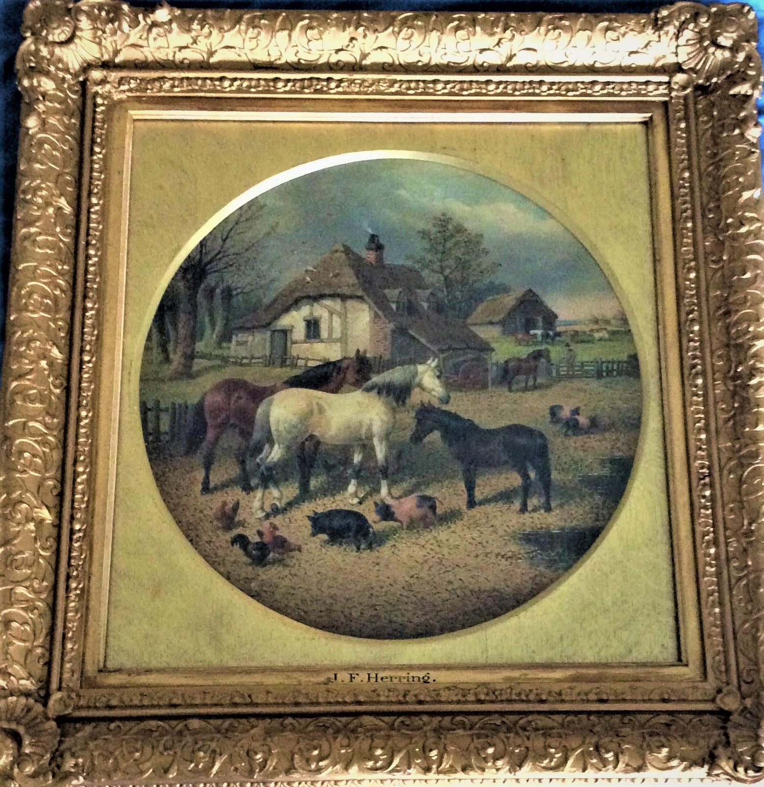 19th century landscape painting- country, horses, pigs, poultry,  j f herring jr – Painting von John Frederick Herring Jr.