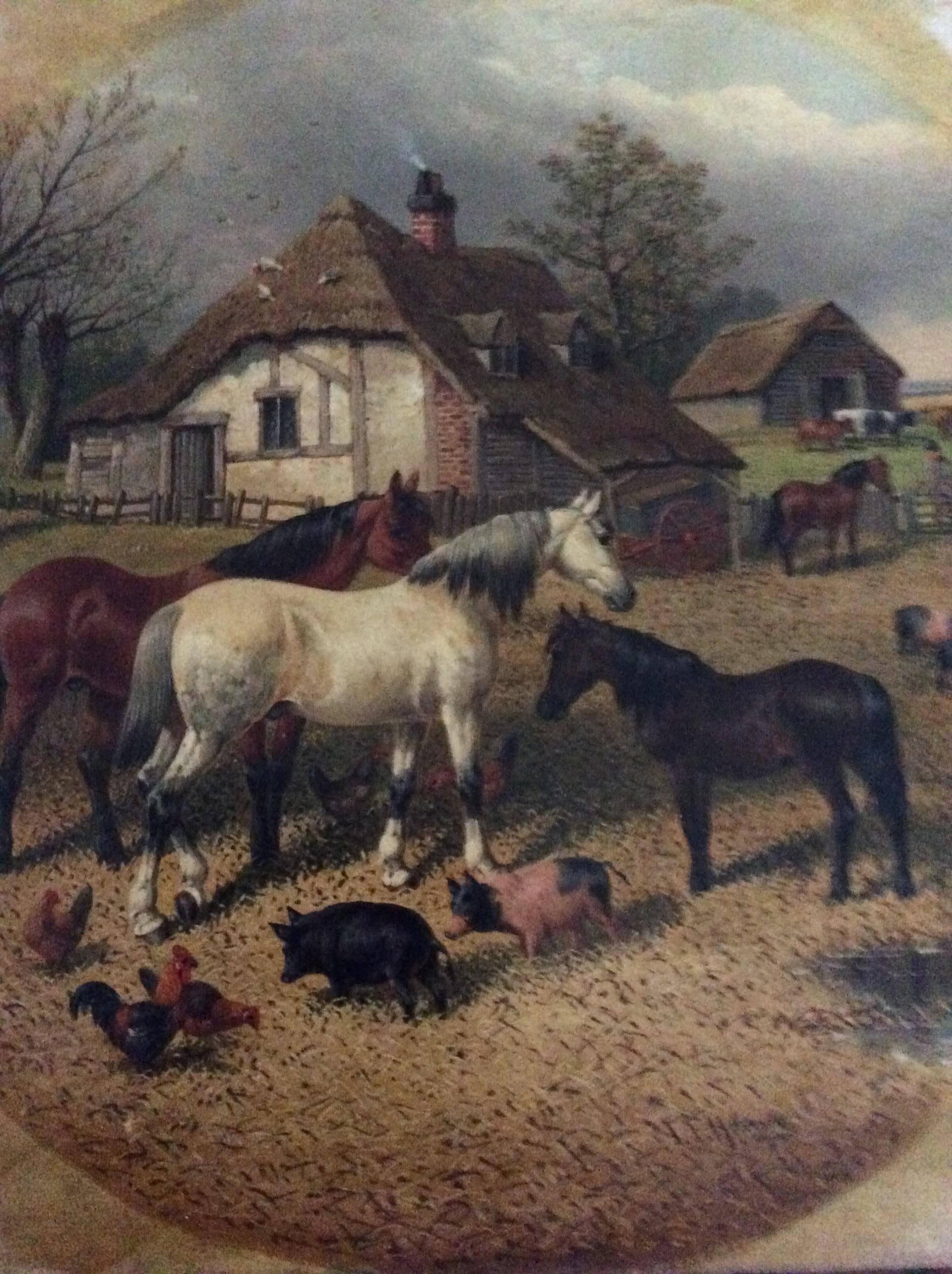 19th century landscape painting- country, horses, pigs, poultry,  j f herring jr (Braun), Landscape Painting, von John Frederick Herring Jr.