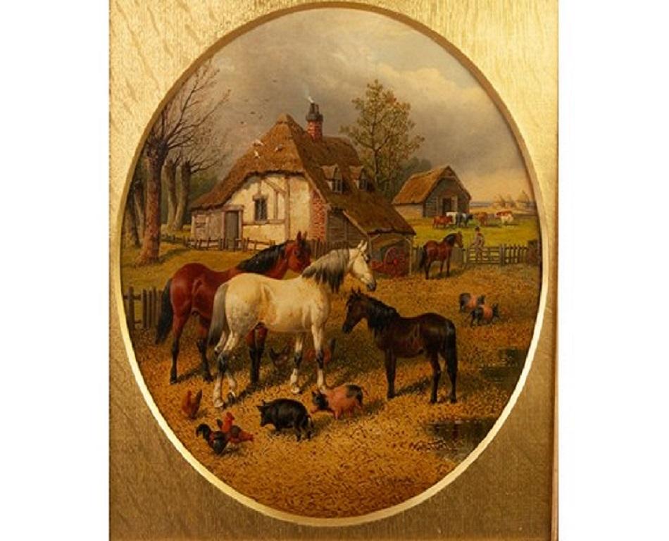 John Frederick Herring Jr. Landscape Painting - 19th century landscape painting- country, horses, pigs, poultry,  j f herring jr