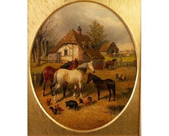 Antique 19th century landscape painting- country, horses, pigs, poultry,  j f herring jr