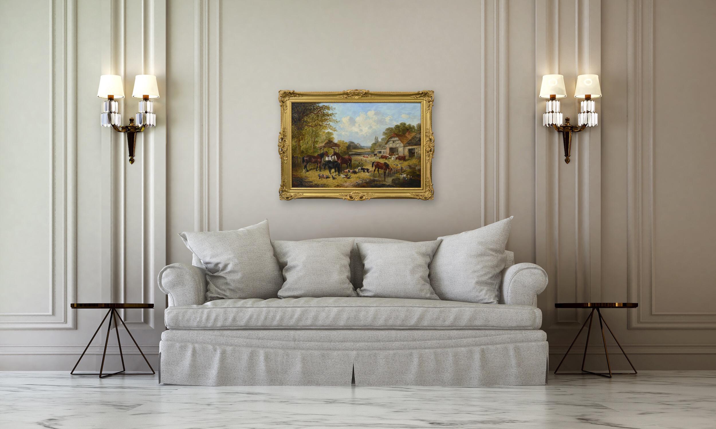 19th Century oil painting of a farm with horses, pigs, goats, poultry & cattle For Sale 7
