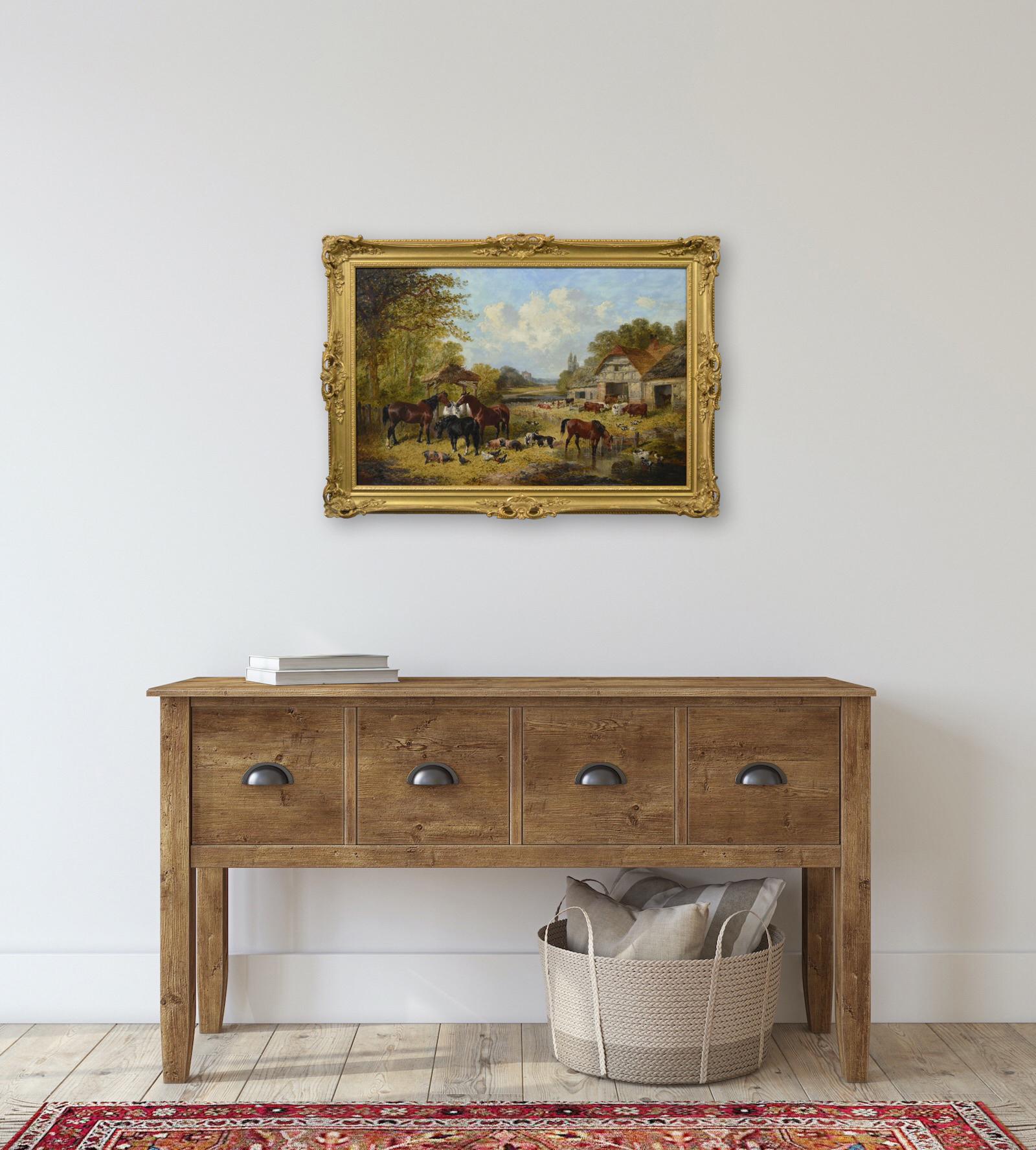 19th Century oil painting of a farm with horses, pigs, goats, poultry & cattle For Sale 8