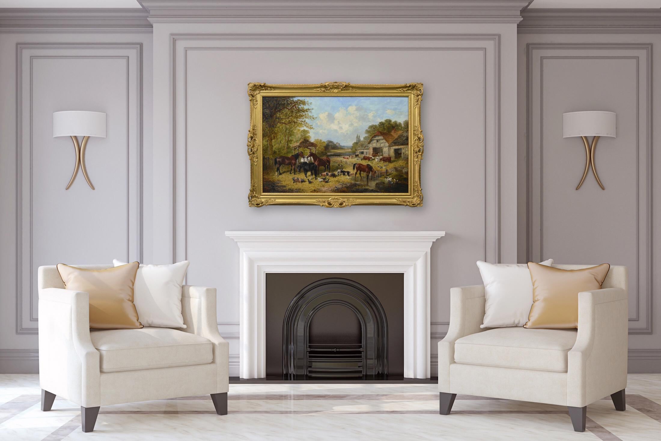 19th Century oil painting of a farm with horses, pigs, goats, poultry & cattle For Sale 9