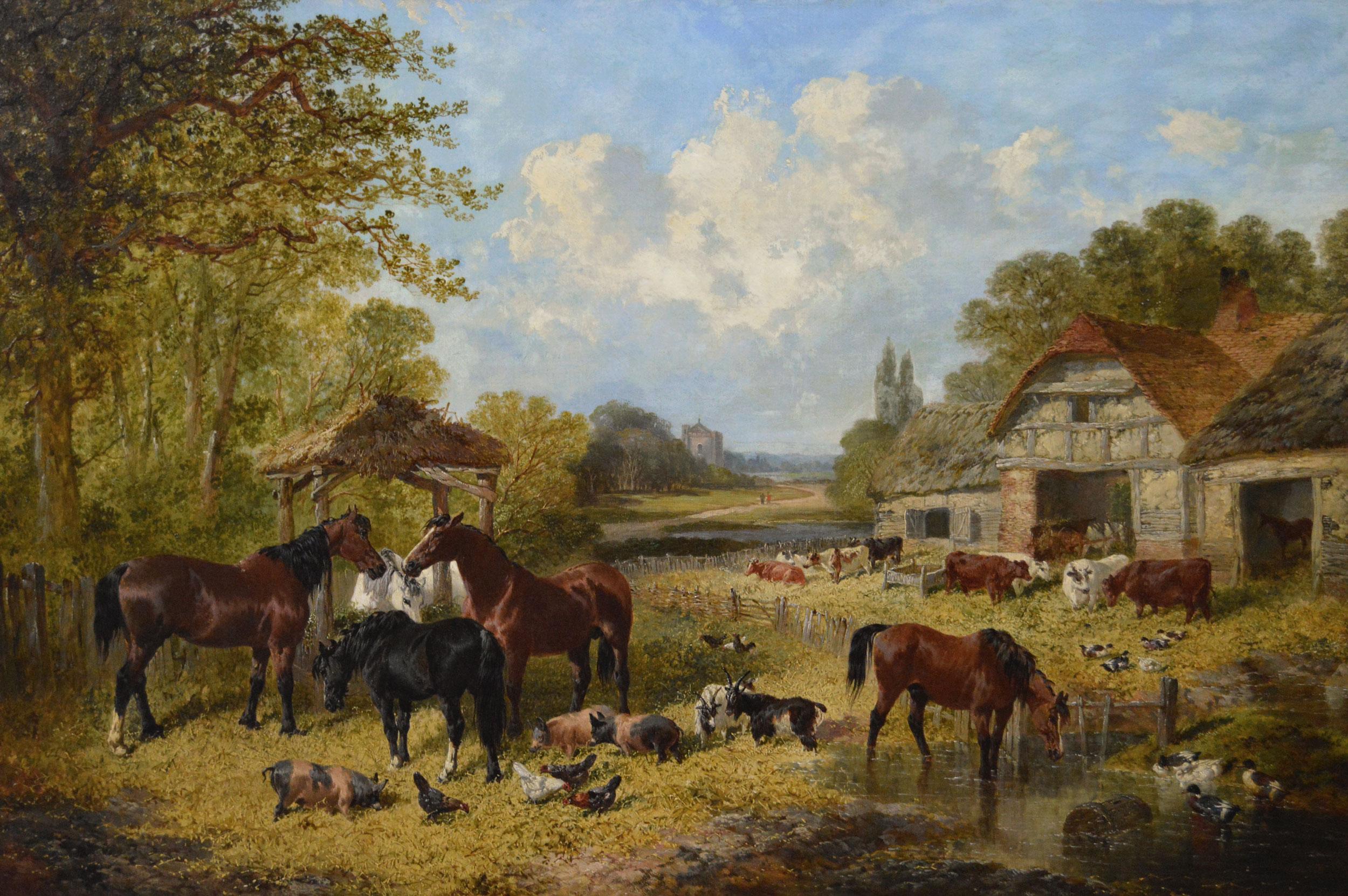 19th Century oil painting of a farm with horses, pigs, goats, poultry & cattle - Painting by John Frederick Herring Jr.