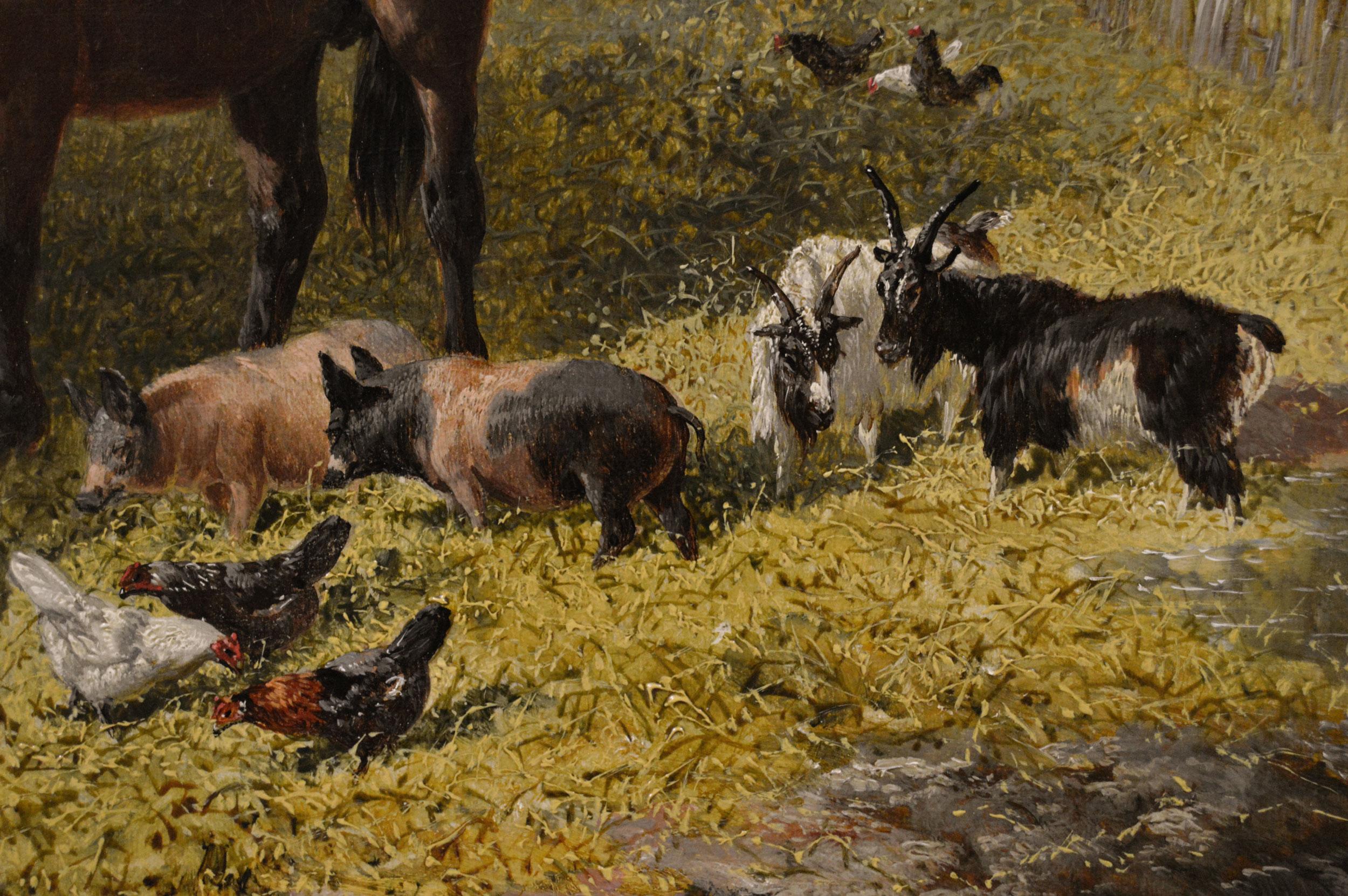 John Frederick Herring Jnr
British, (c1820-1907)
Farmyard Friends
Oil on canvas, signed 
Image size: 23.25 inches x 35.25 inches 
Size including frame: 29.75 inches x 41.75 inches
Provenance: Frost & Reed;  Stacy Marks, Eastbourne

A fantastic rural
