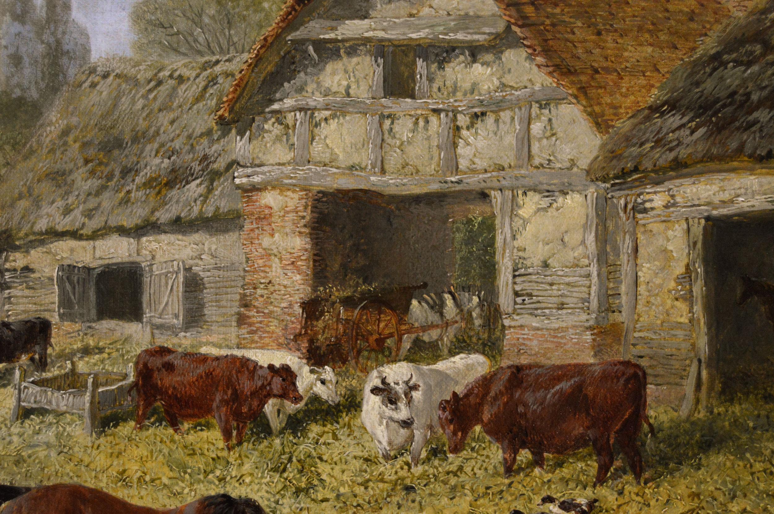 19th Century oil painting of a farm with horses, pigs, goats, poultry & cattle For Sale 3