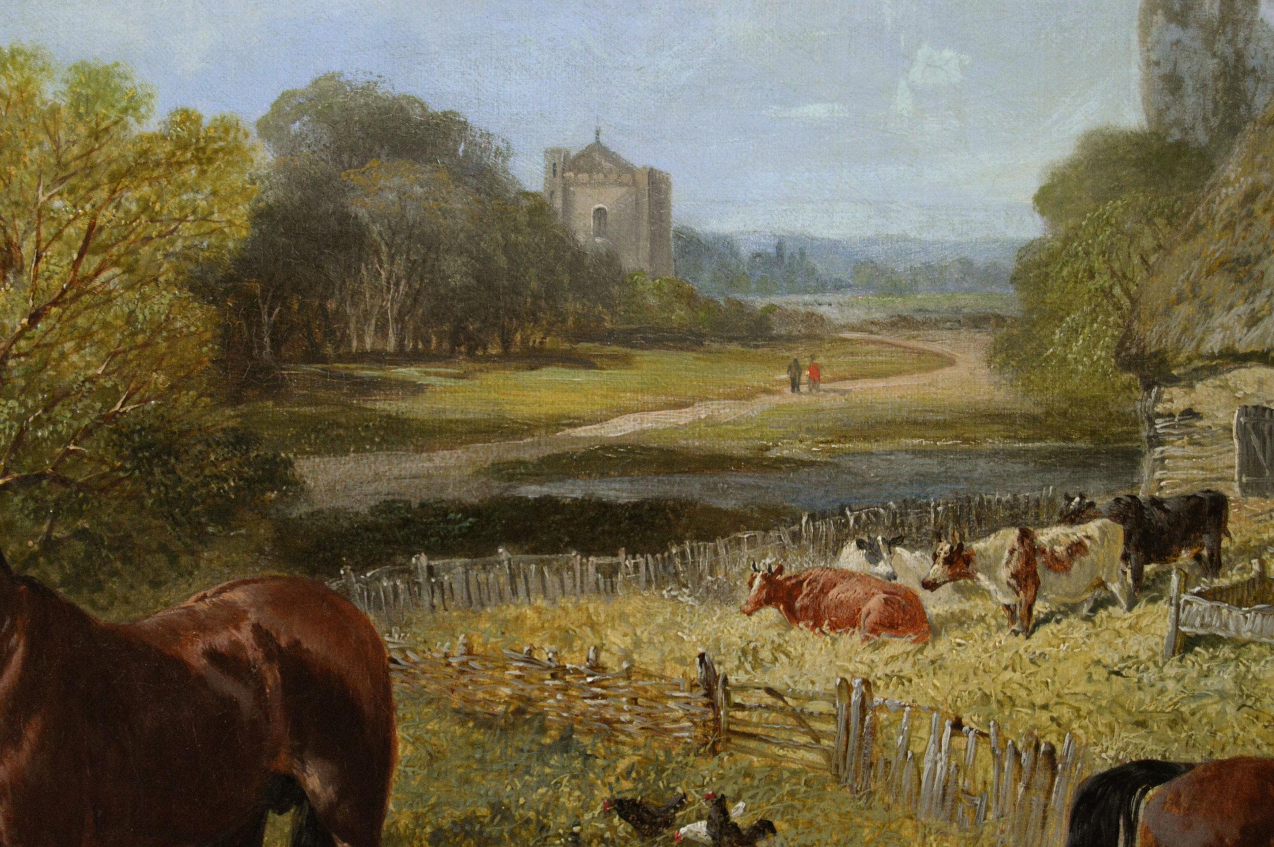 19th Century oil painting of a farm with horses, pigs, goats, poultry & cattle For Sale 2