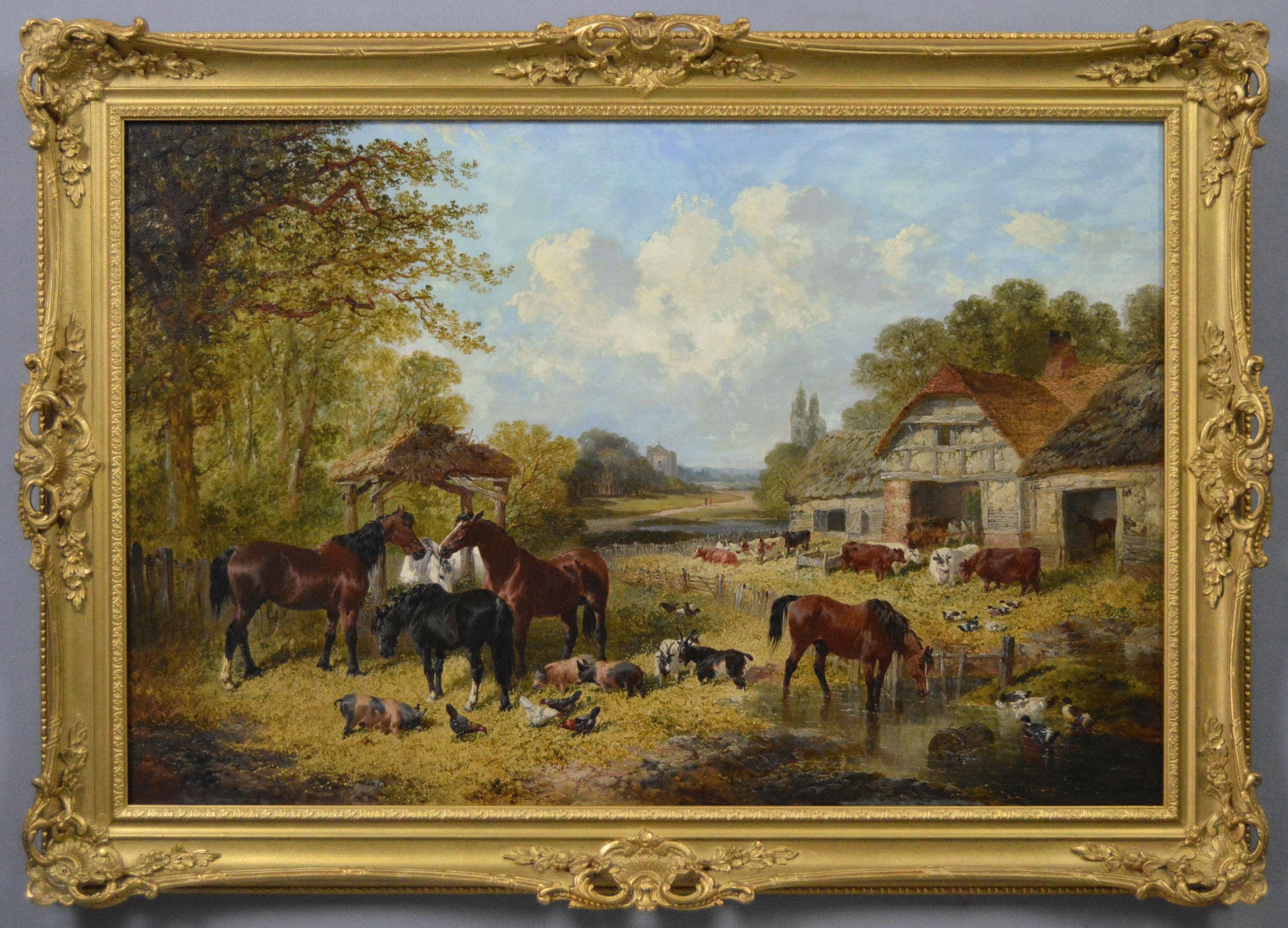 John Frederick Herring Jr. Animal Painting - 19th Century oil painting of a farm with horses, pigs, goats, poultry & cattle
