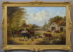 19th Century oil painting of a farm with horses, pigs, goats, poultry & cattle