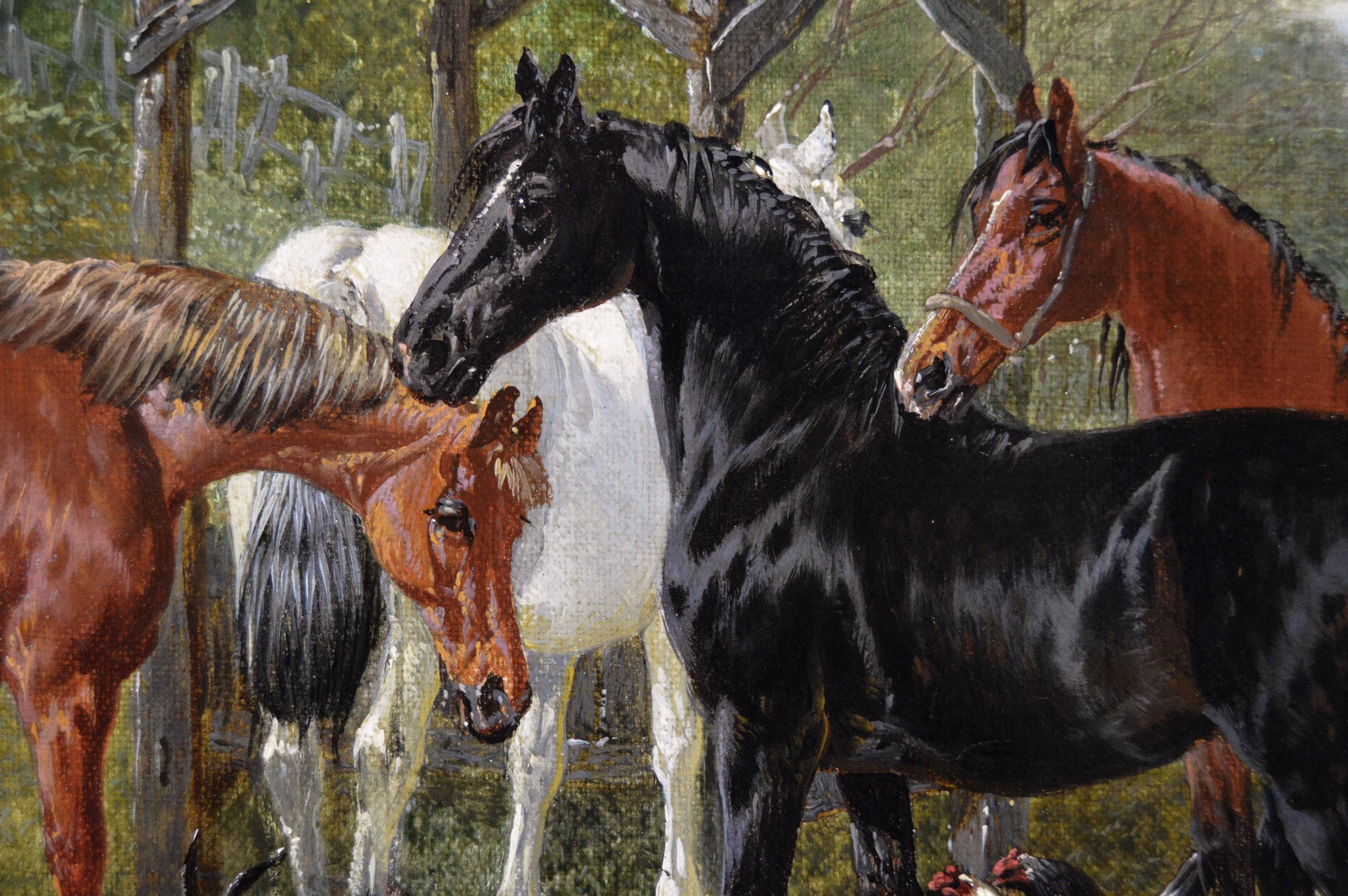 19th Century pair of landscape animal oil paintings of horses on a farm 2