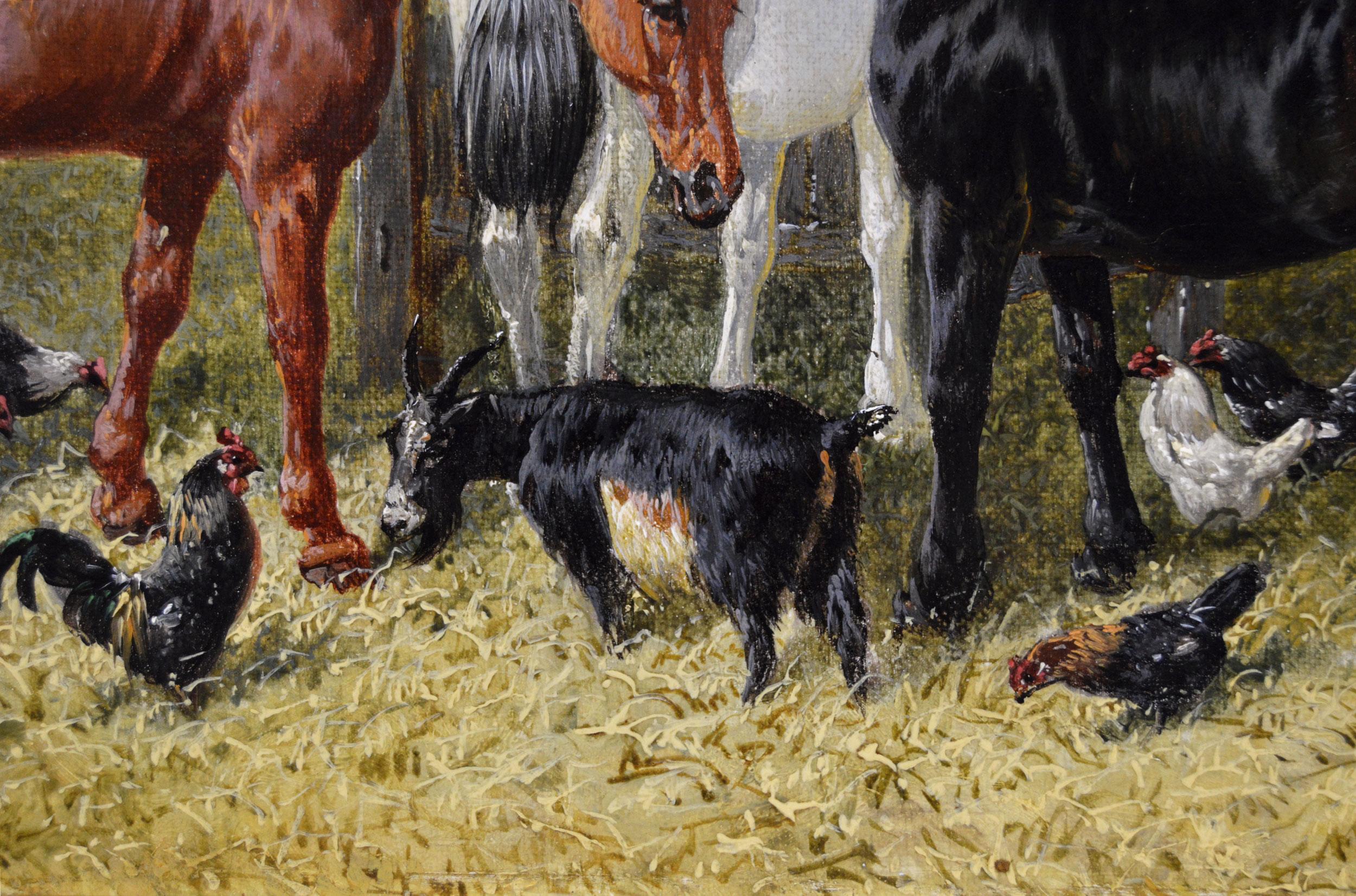 19th Century pair of landscape animal oil paintings of horses on a farm 3