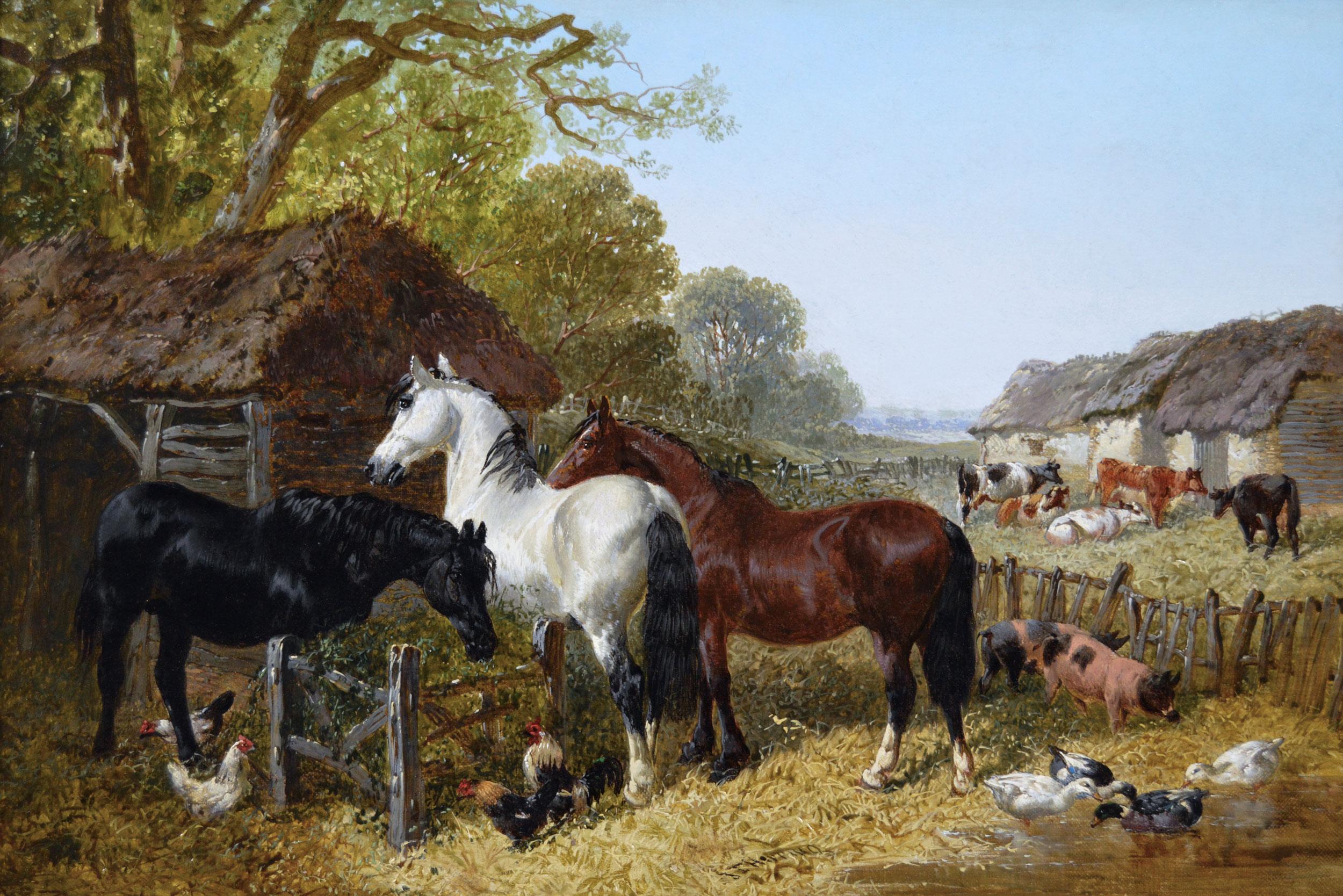 19th Century pair of landscape animal oil paintings of horses on a farm - Painting by John Frederick Herring Jr.