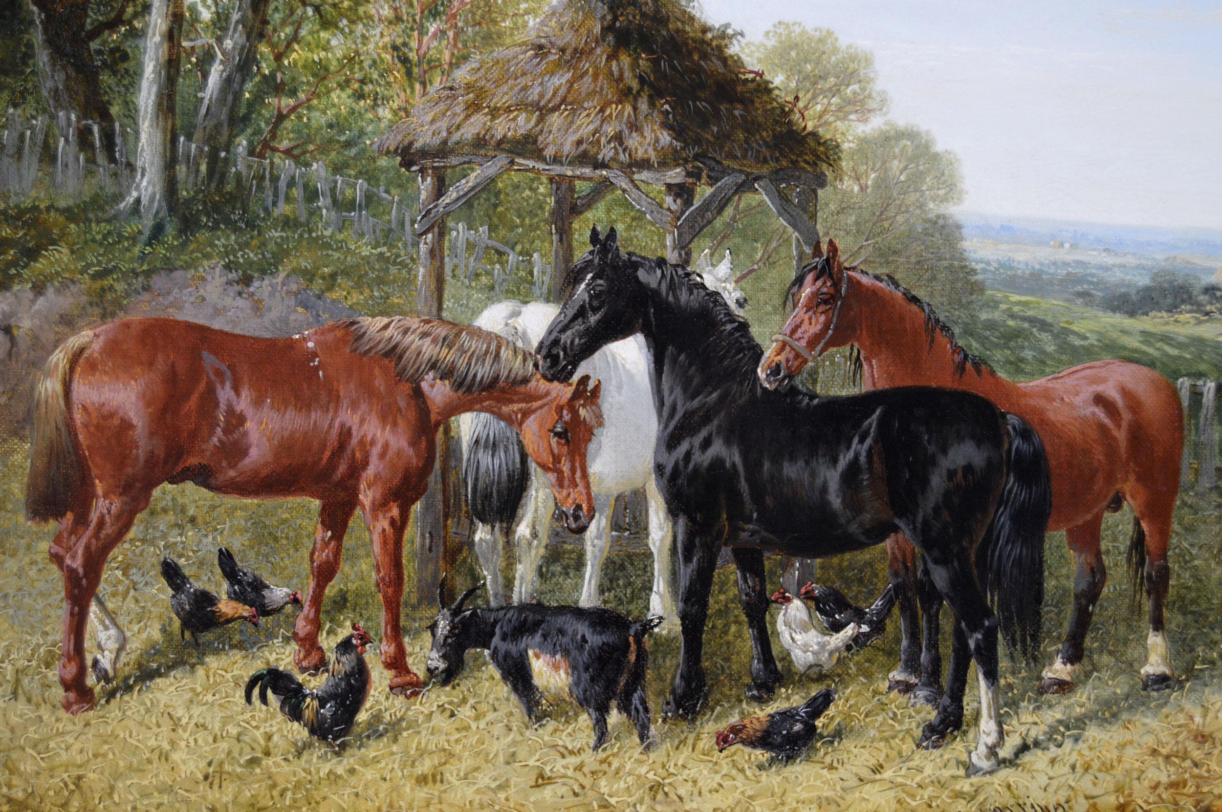 19th Century pair of landscape animal oil paintings of horses on a farm 1
