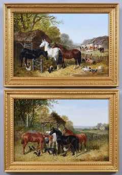 19th Century pair of landscape animal oil paintings of horses on a farm