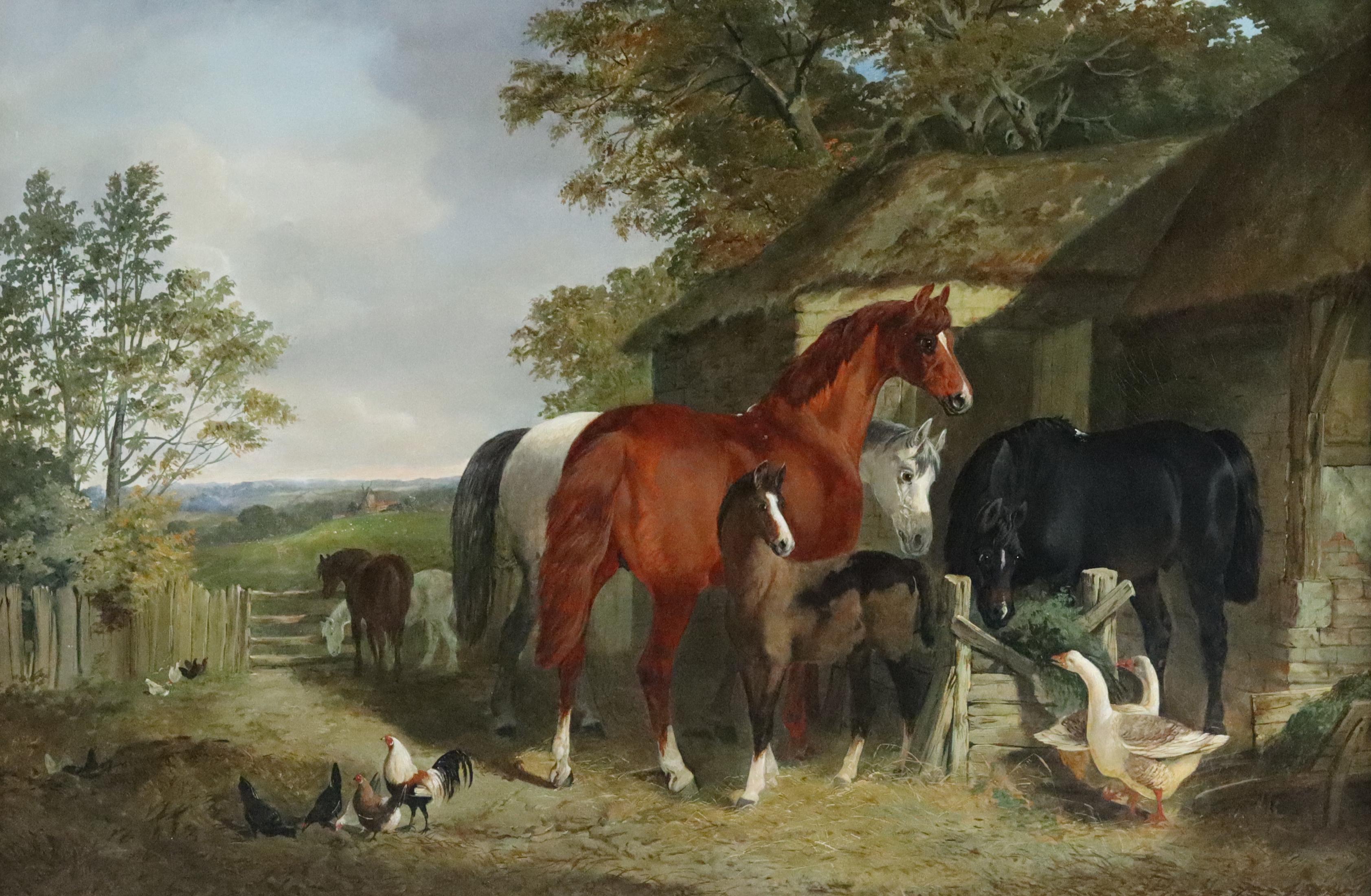 John Frederick Herring Jr. Landscape Painting - A Farmyard Scene with Horses, Geese and Chickens