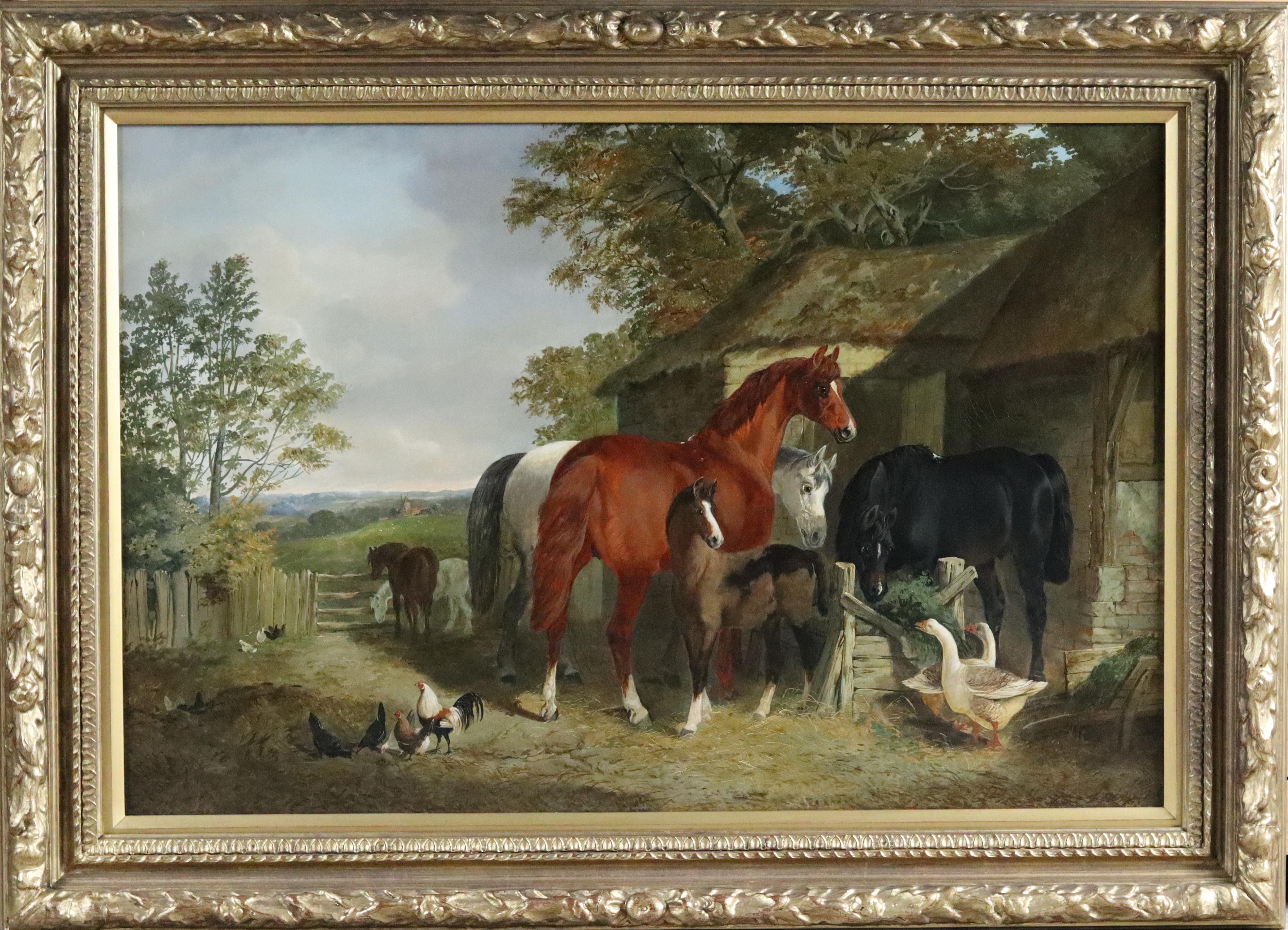 A Farmyard Scene with Horses, Geese and Chickens - Painting by John Frederick Herring Jr.