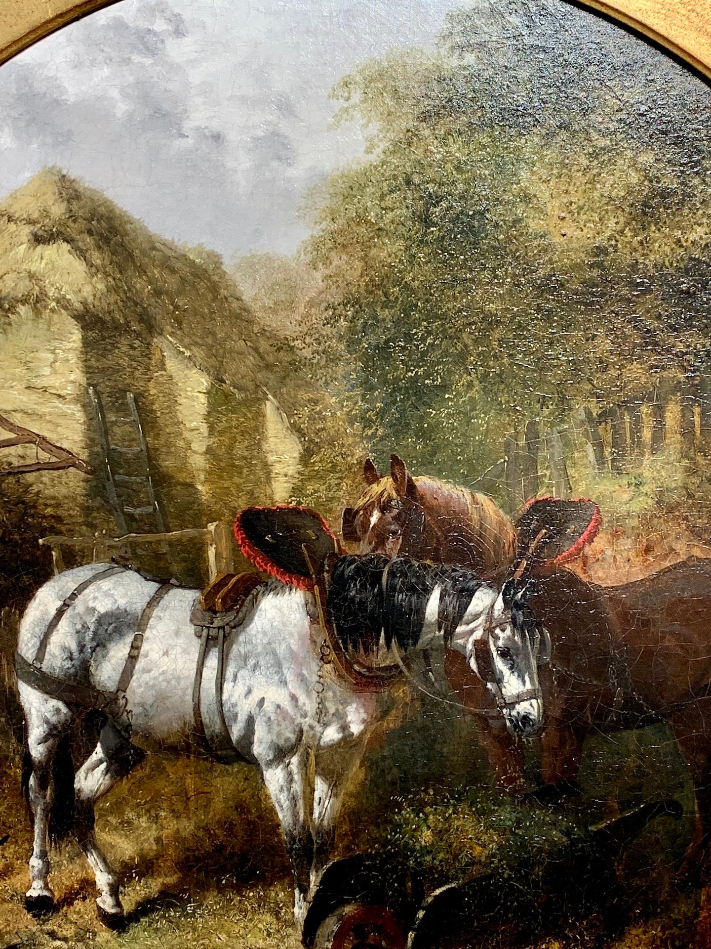Antique 19th century English, Cart Horses in a farmyard landscape with cottage. - Painting by John Frederick Herring Jr.