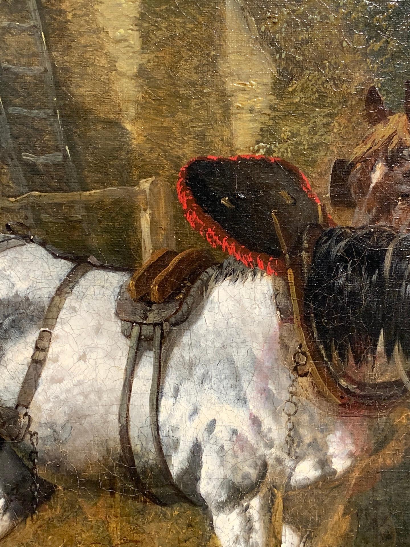 Antique Anglais du 19ème siècle, chevaux de cavalerie dans un paysage de ferme avec chalet. - Victorien Painting par John Frederick Herring Jr.