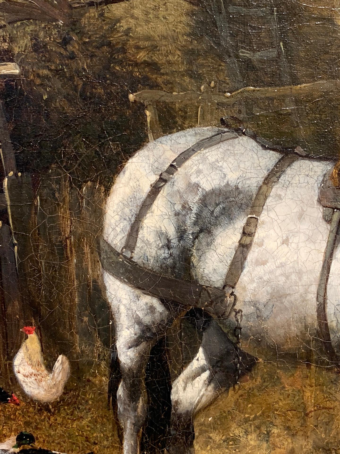 John Frederick Herring Junior, 

Antique 19e siècle anglais, charrette à chevaux dans un paysage de basse-cour avec cottage.

John Frederick Herring Jnr. était un peintre de sujets sportifs et animaliers à l'huile et à l'aquarelle. Son style est