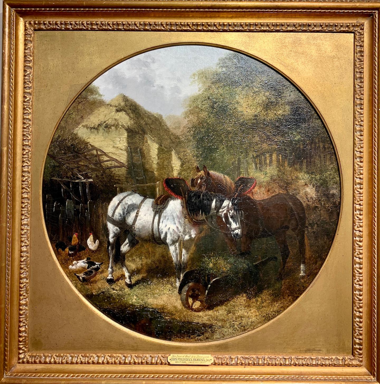 Landscape Painting John Frederick Herring Jr. - Antique Anglais du 19ème siècle, chevaux de cavalerie dans un paysage de ferme avec chalet.
