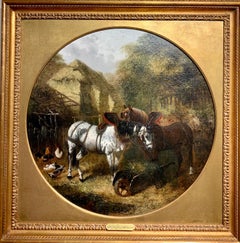 Antique Anglais du 19ème siècle, chevaux de cavalerie dans un paysage de ferme avec chalet.