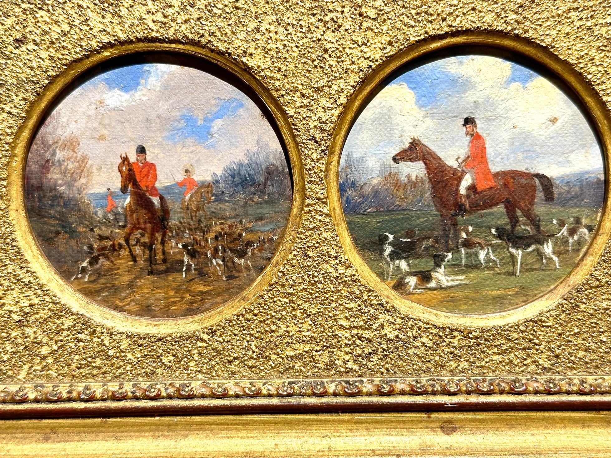 Antique 19th century English, pair of Huntsman riding with hounds in a landscape - Painting by John Frederick Herring Jr.