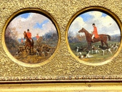 Antique 19th century English, pair of Huntsman riding with hounds in a landscape