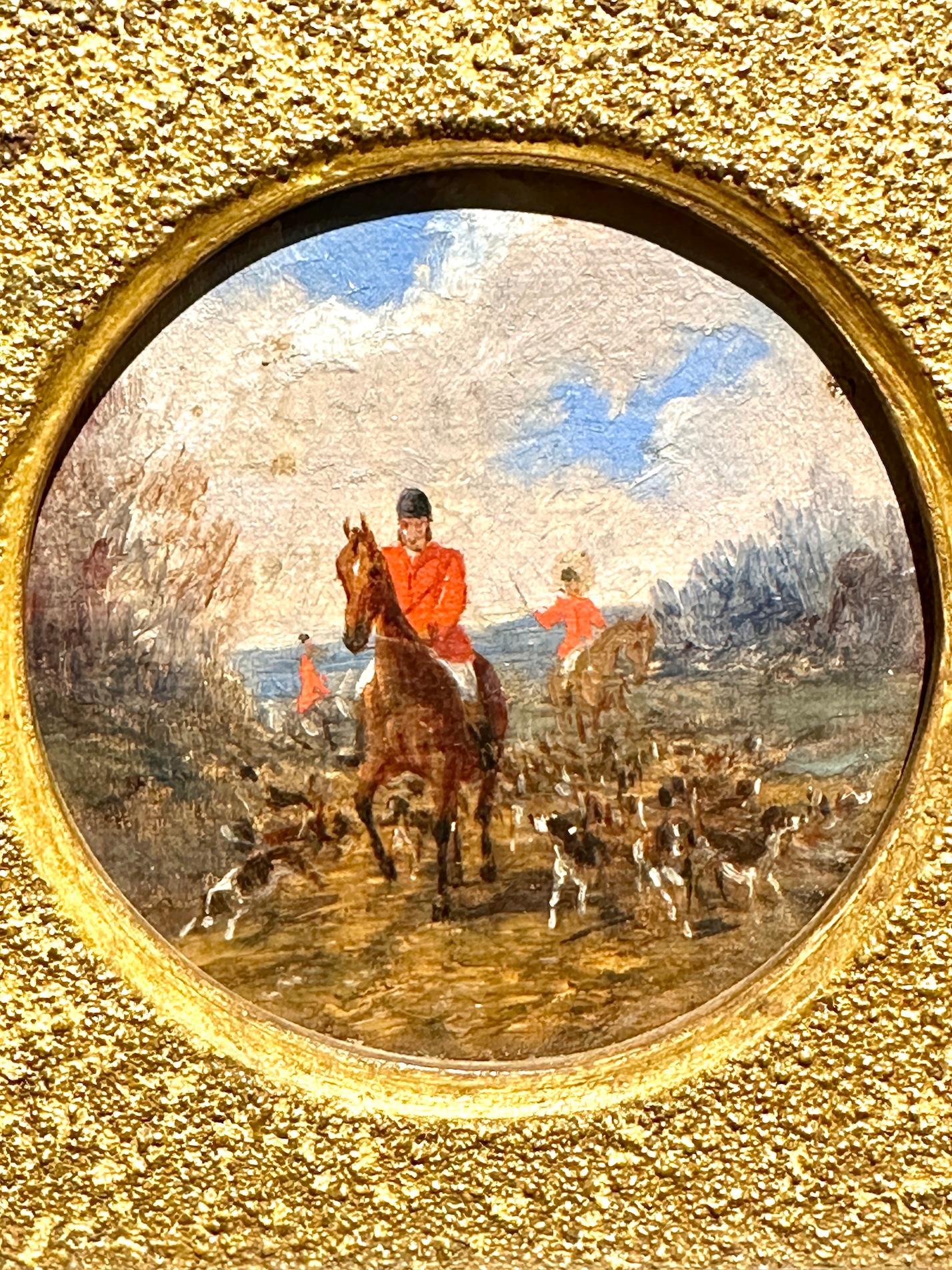 Antique 19th century English, pair of Huntsman riding with hounds in a landscape - Victorian Painting by John Frederick Herring Jr.