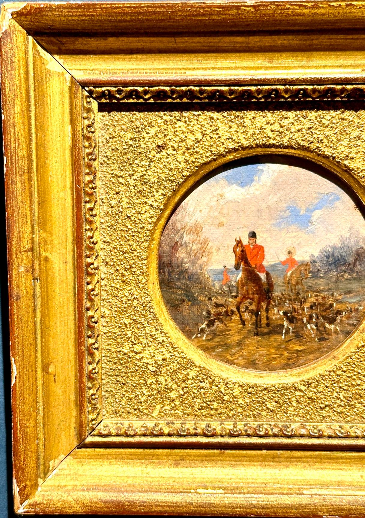 Ancienne Angleterre du 19ème siècle, paire de chasseurs chevauchant des chiens dans un paysage en vente 1