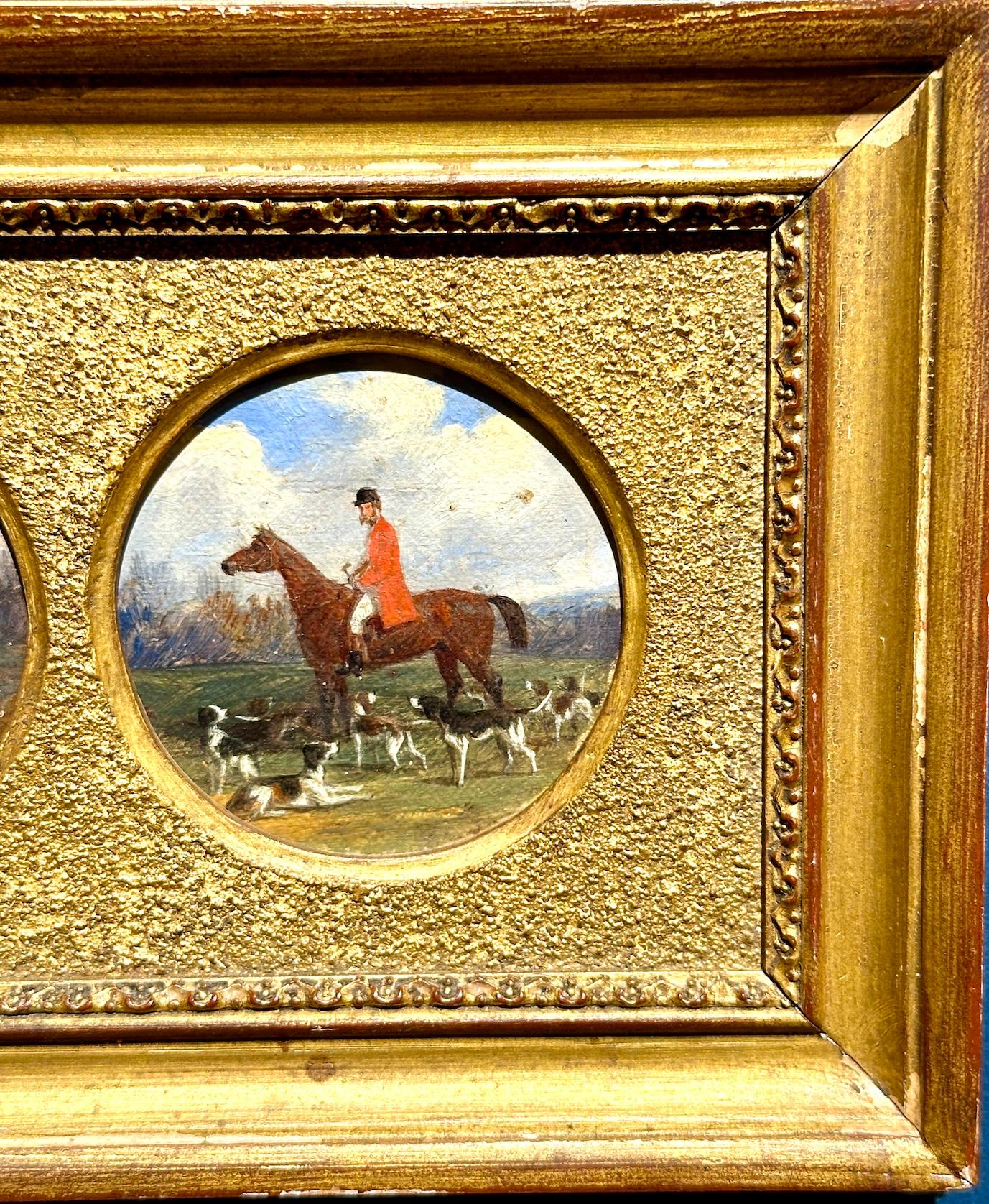 Antique 19th century English, pair of Huntsman riding with hounds in a landscape For Sale 1