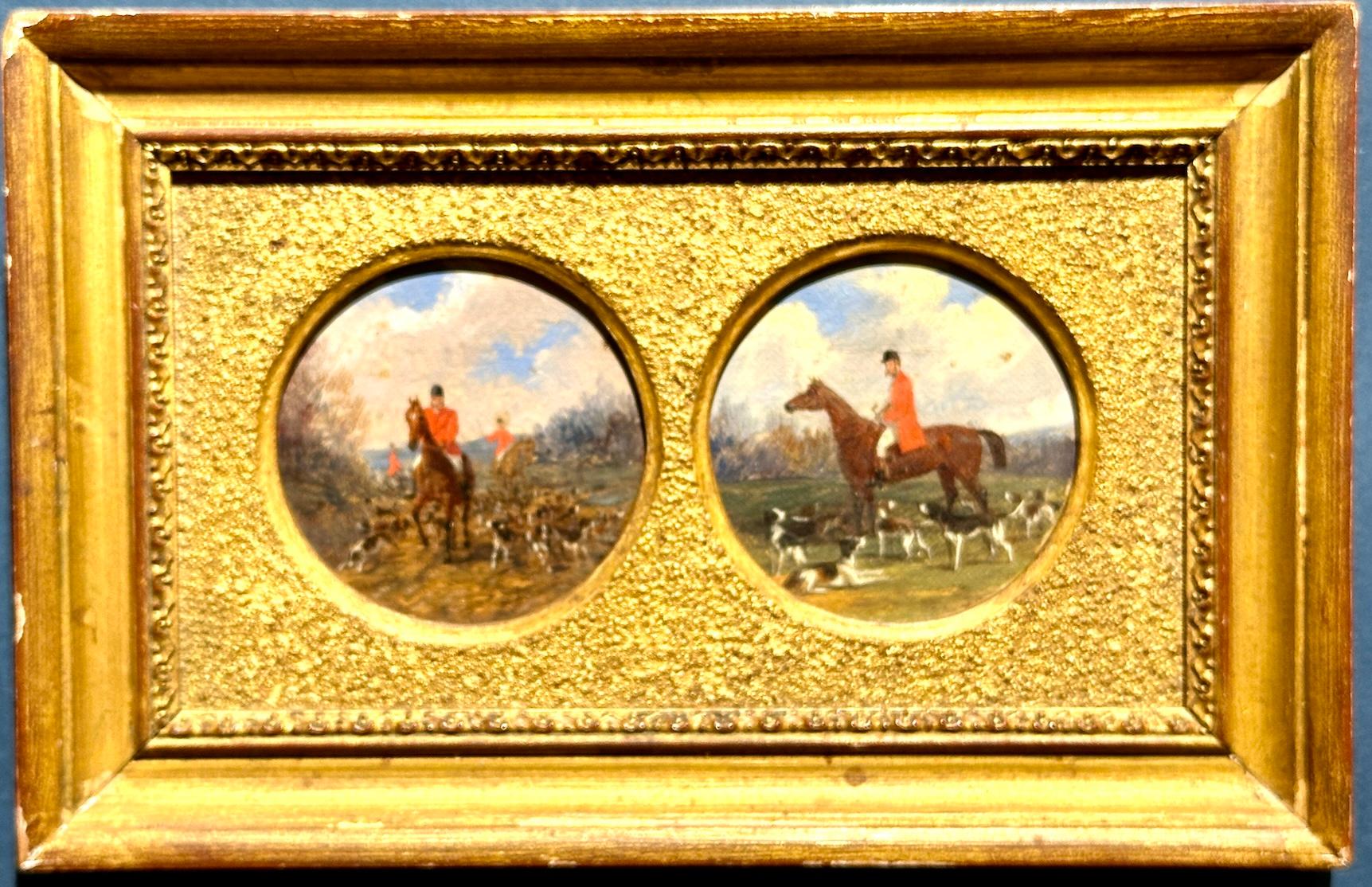Antique 19th century English, pair of Huntsman riding with hounds in a landscape
