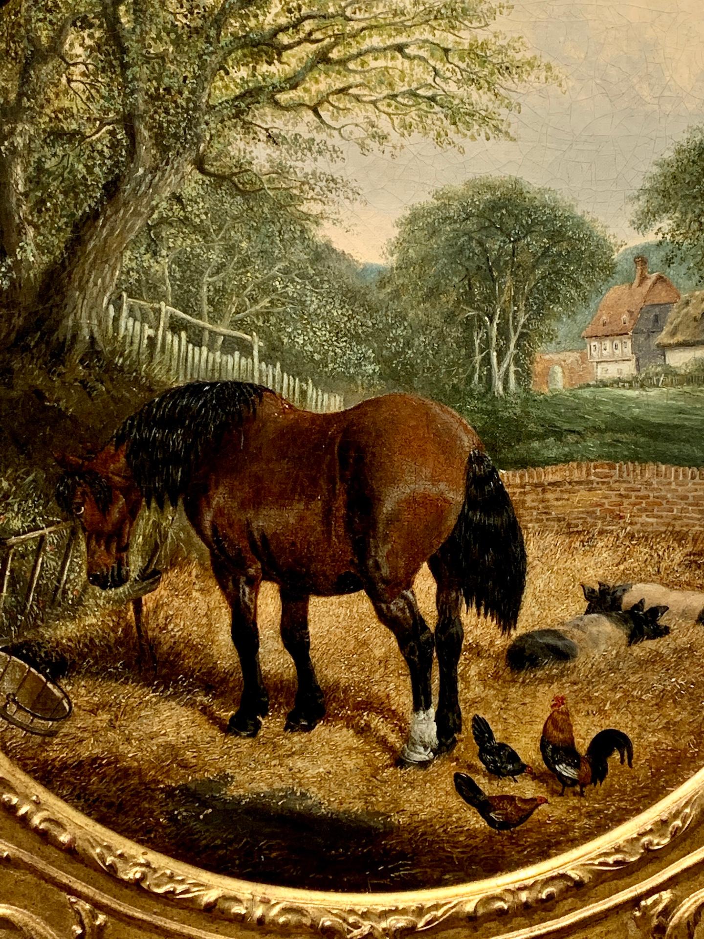 Antique English Chickens, Pigs and a Horse in a farmyard landscape with cottage. - Painting by John Frederick Herring Jr.