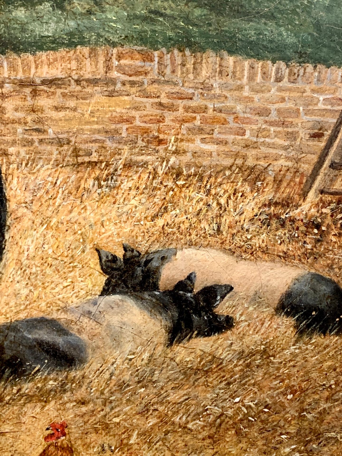 Antique English Chickens, Pigs and a Horse in a farmyard landscape with cottage. - Victorian Painting by John Frederick Herring Jr.