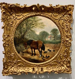 Antique English Chickens, Pigs and a Horse in a farmyard landscape with cottage.