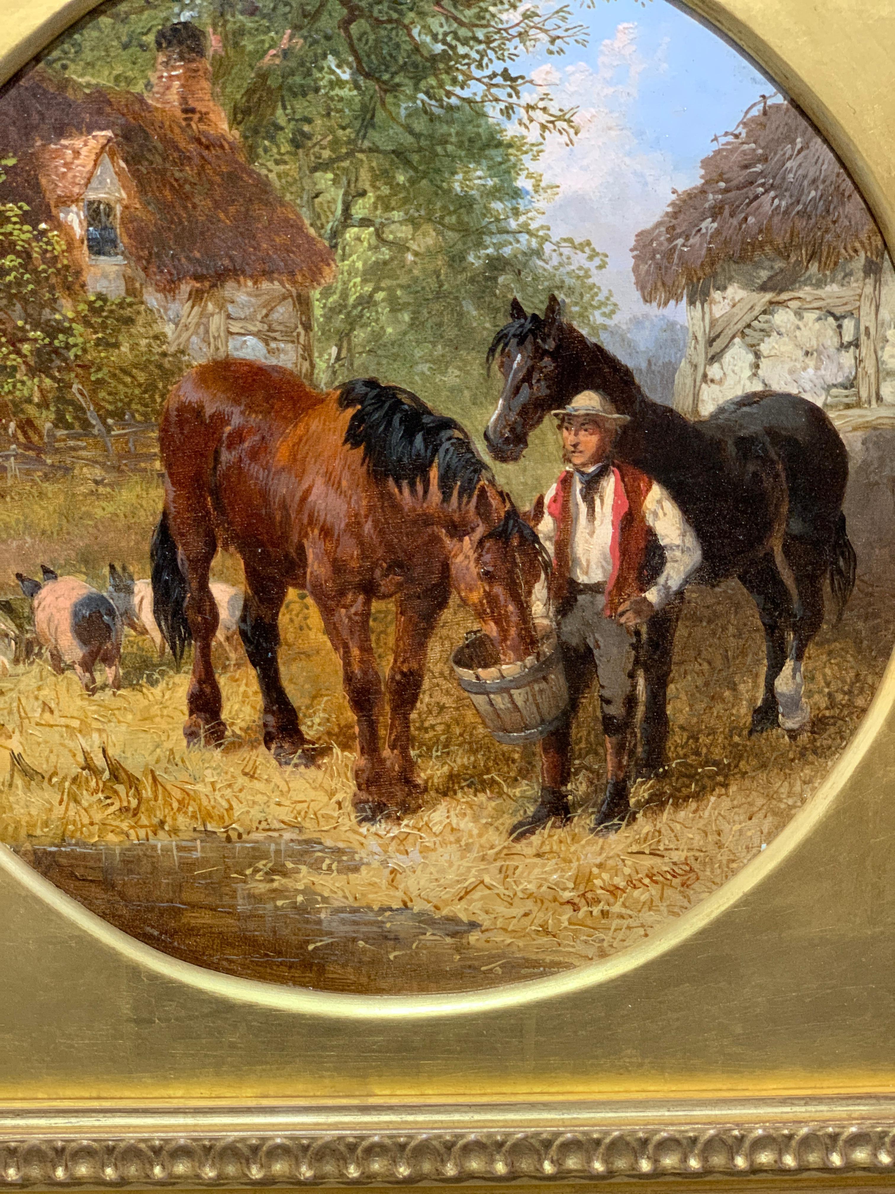 Antique English Horses, Pigs and a farmer in a farmyard landscape, brown blue - Victorian Painting by John Frederick Herring Jr.