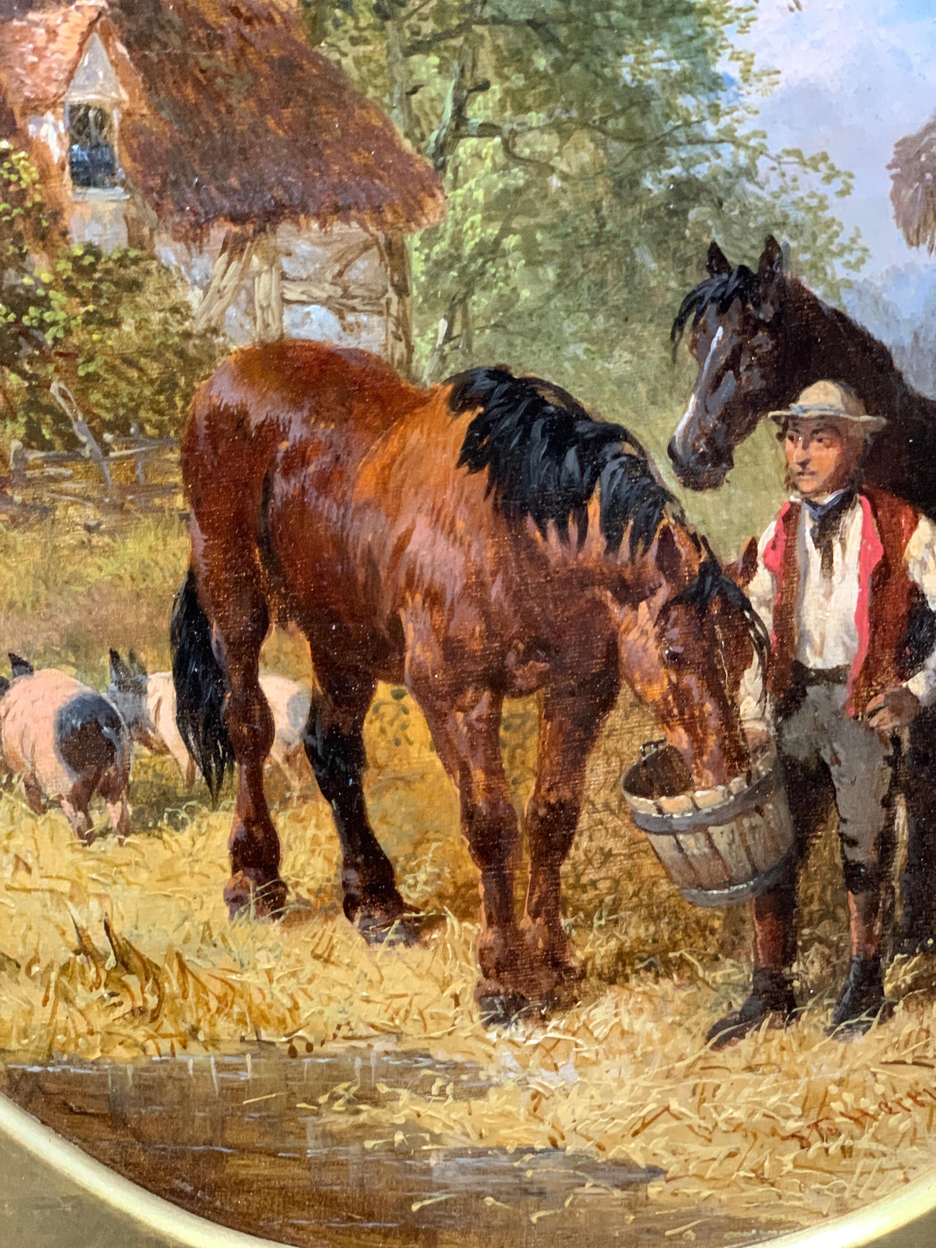 Antique English Horses, Pigs and a farmer in a farmyard landscape, brown blue - Brown Animal Painting by John Frederick Herring Jr.