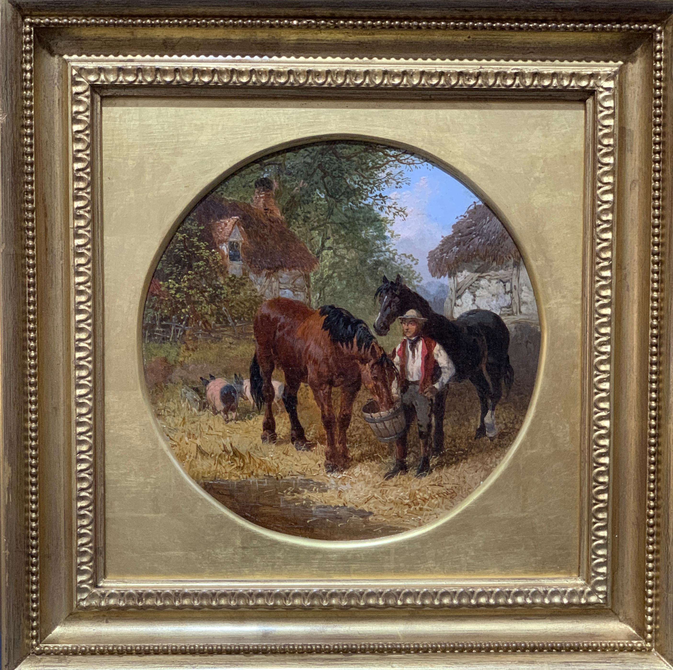 John Frederick Herring Jr. Animal Painting - Antique English Horses, Pigs and a farmer in a farmyard landscape, brown blue